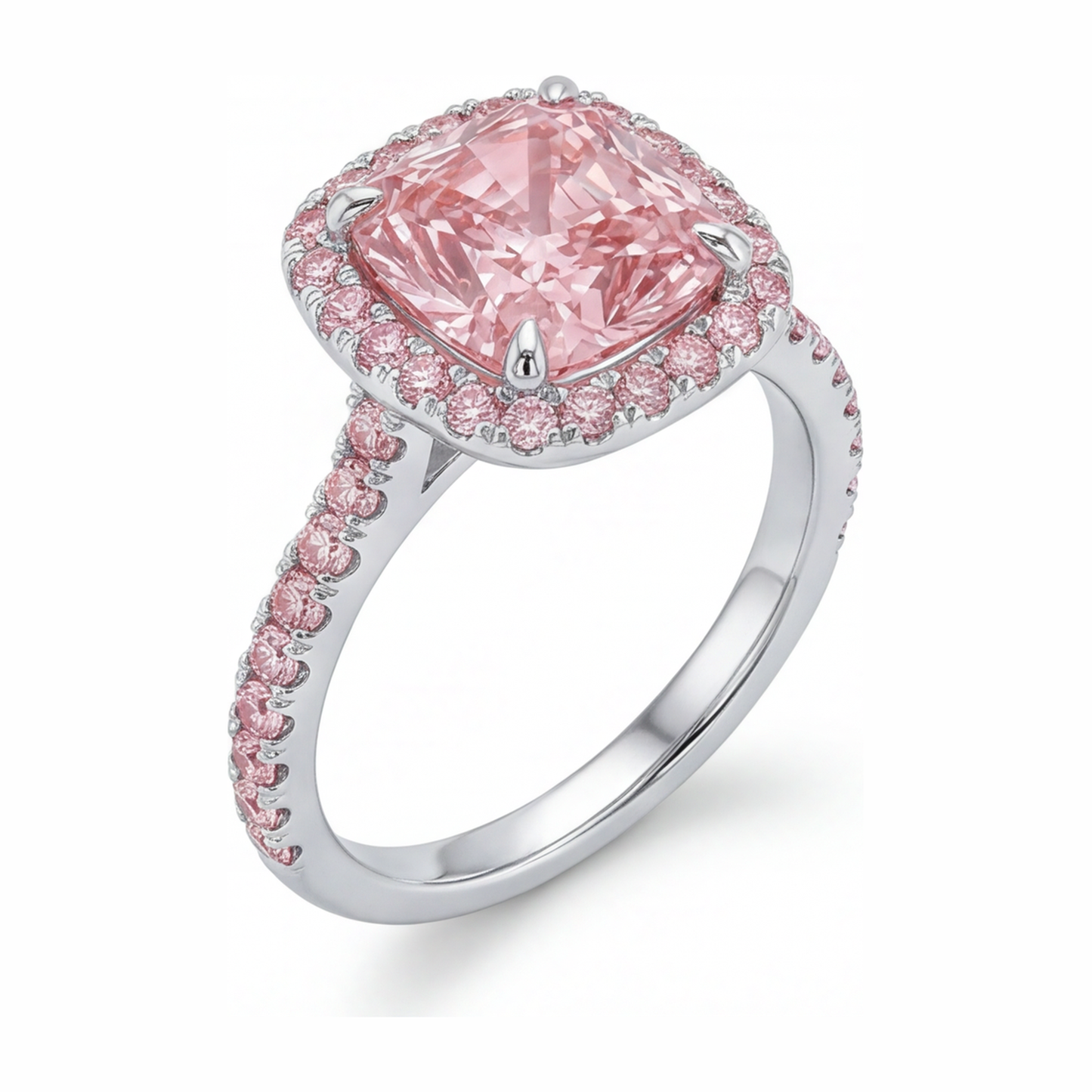 Rosa Verlobungsring 3,25 Karat im Labor gezüchteter Diamant im Kissenschliff Halo Pavé 14 Karat Weißgold