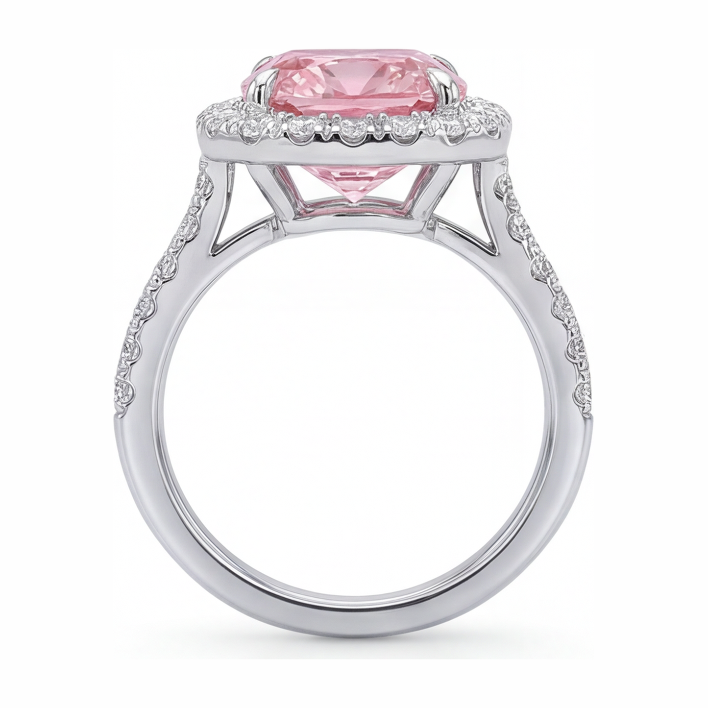 Ring mit rosa Diamant 3,25 Karat im Labor gezüchtet Kissenschliff Halo Pavé 14 Karat Weißgold