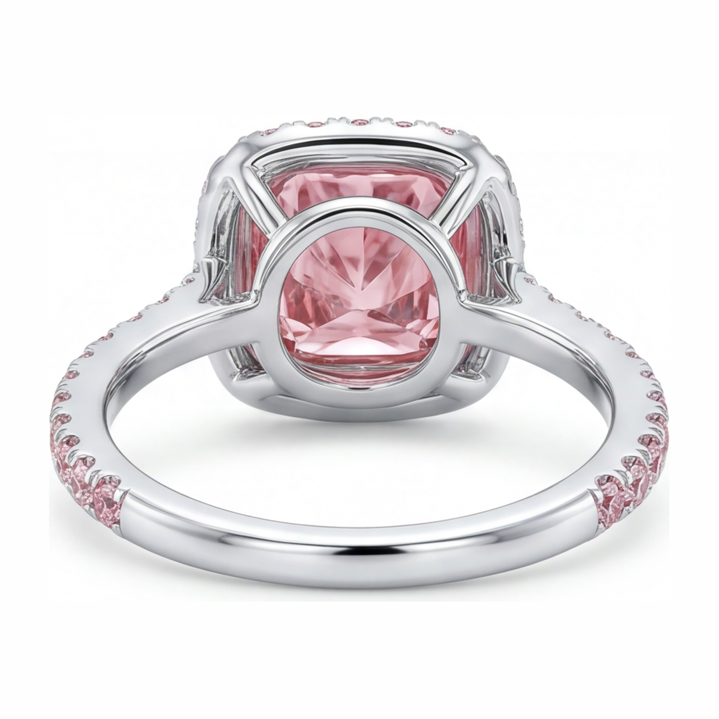 Rosa Verlobungsring 3,25 Karat im Labor gezüchteter Diamant im Kissenschliff Halo Pavé 14 Karat Weißgold
