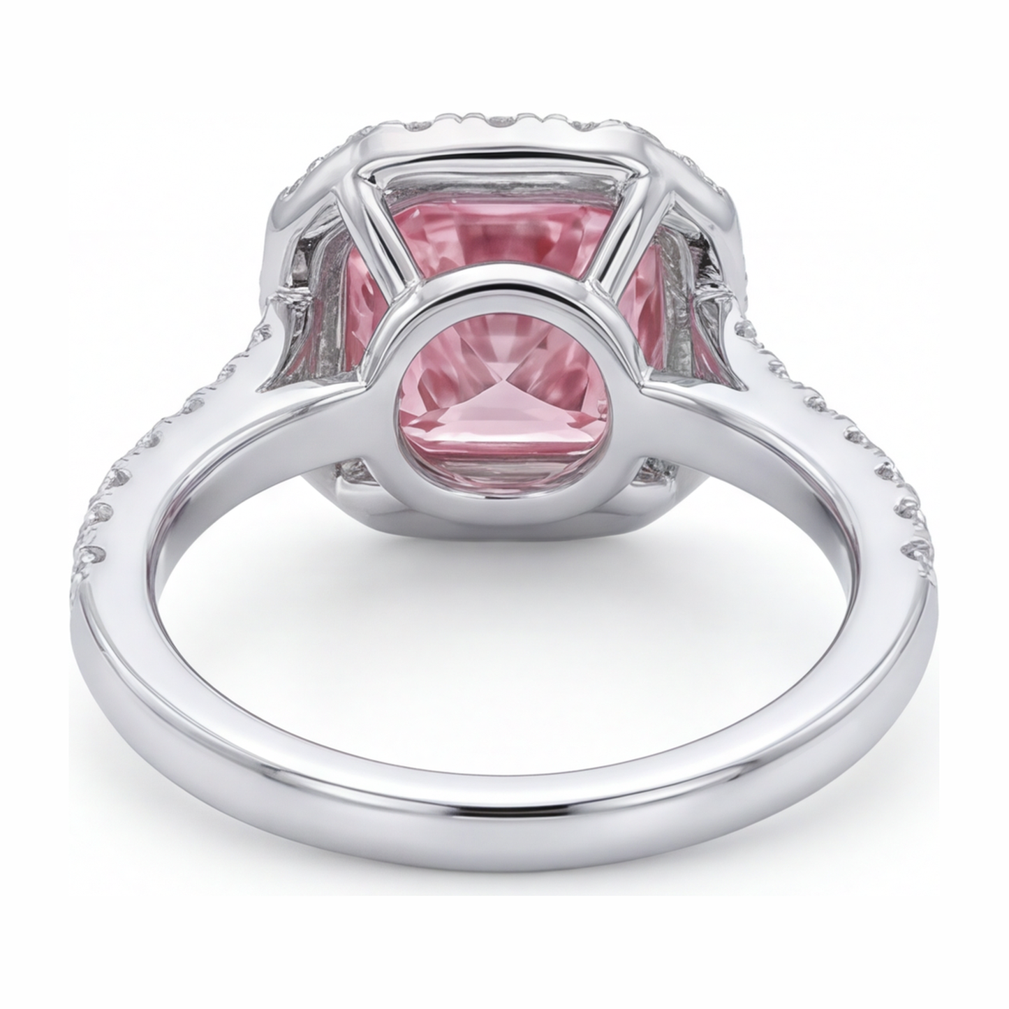 Ring mit rosa Diamant 3,25 Karat im Labor gezüchtet Kissenschliff Halo Pavé 14 Karat Weißgold