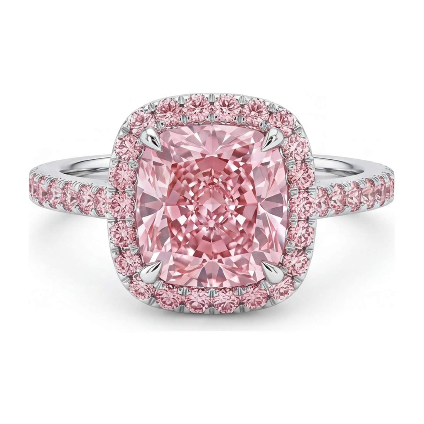 Rosa Verlobungsring 3,25 Karat im Labor gezüchteter Diamant im Kissenschliff Halo Pavé 14 Karat Weißgold