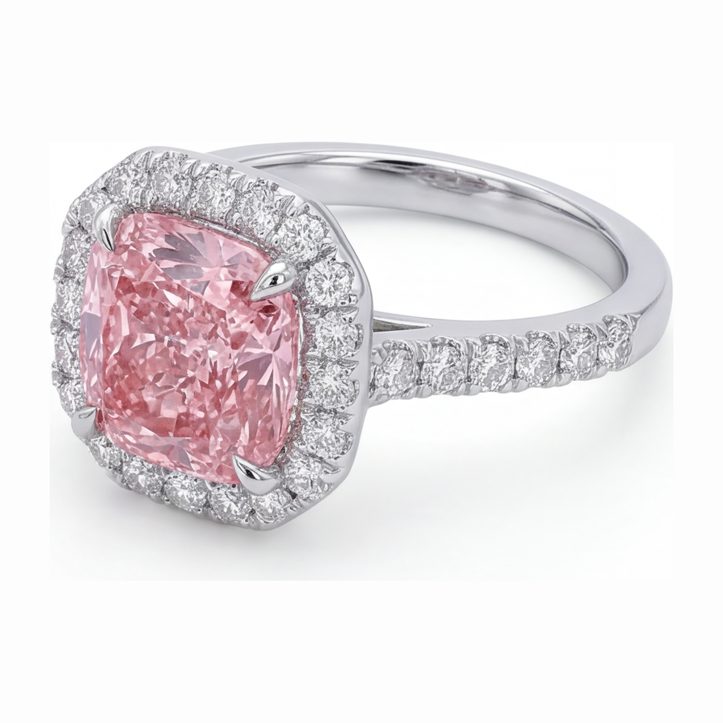 Ring mit rosa Diamant 3,25 Karat im Labor gezüchtet Kissenschliff Halo Pavé 14 Karat Weißgold