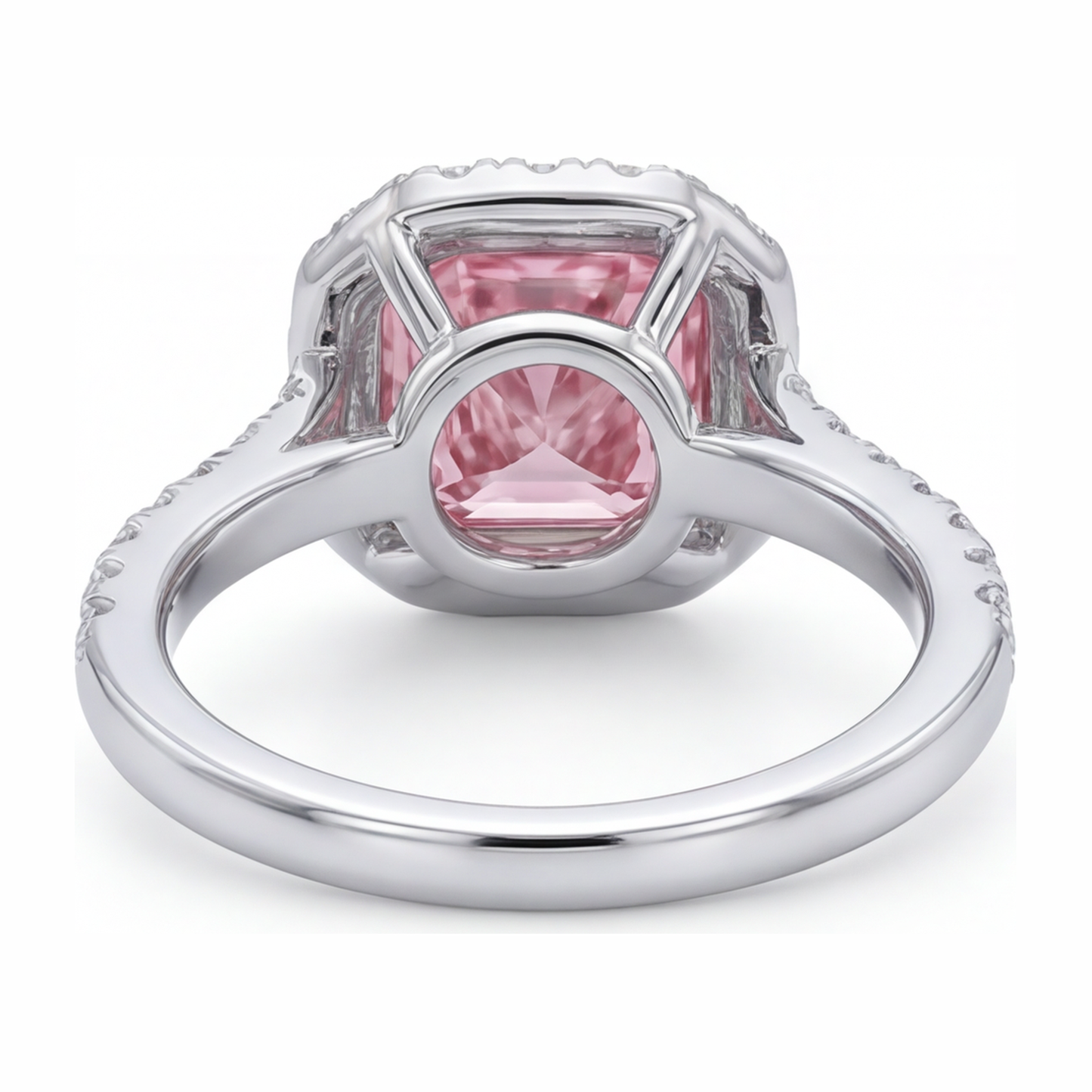 Ring mit rosa Diamant 3,25 Karat im Labor gezüchtet Kissenschliff Halo Pavé 14 Karat Weißgold