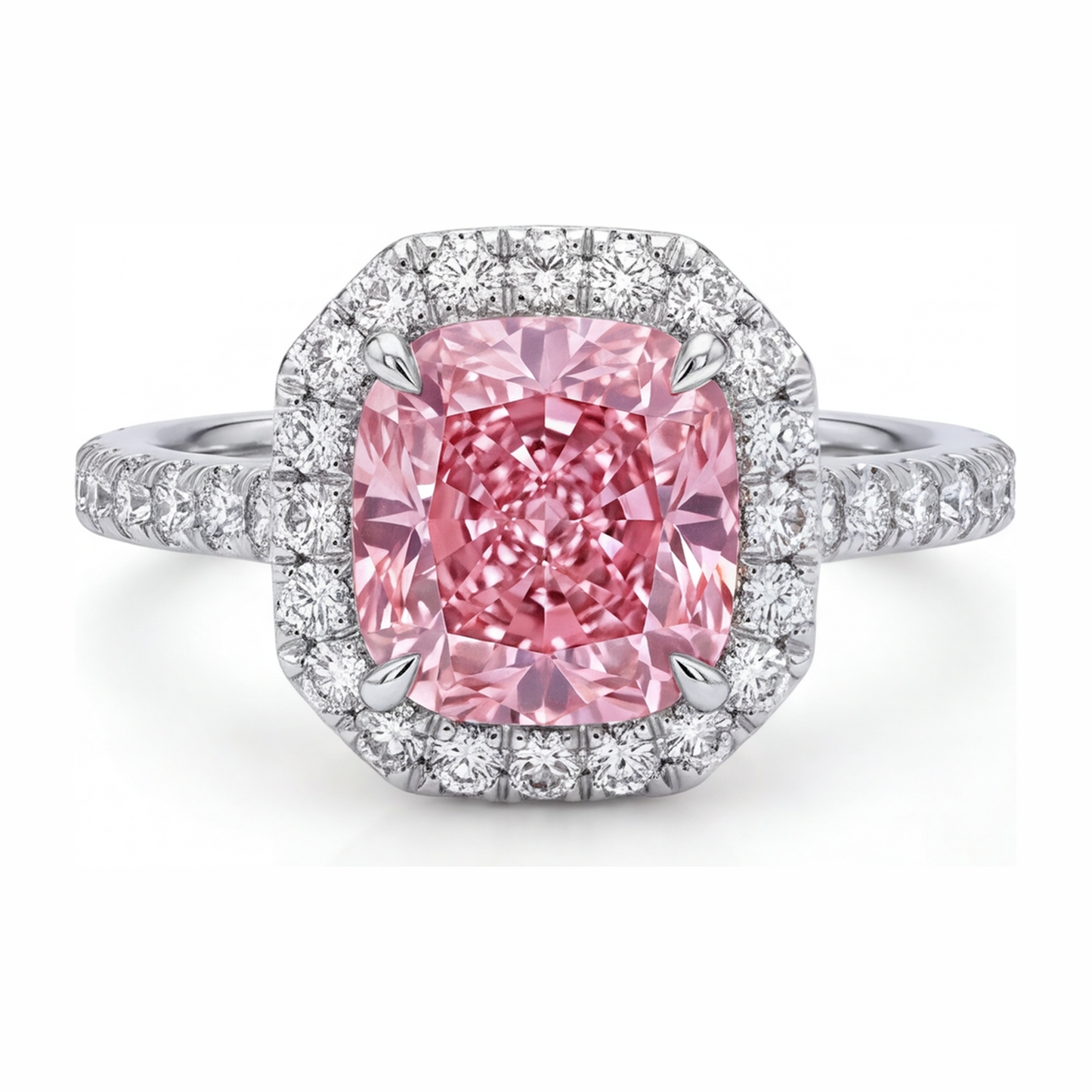 Ring mit rosa Diamant 3,25 Karat im Labor gezüchtet Kissenschliff Halo Pavé 14 Karat Weißgold