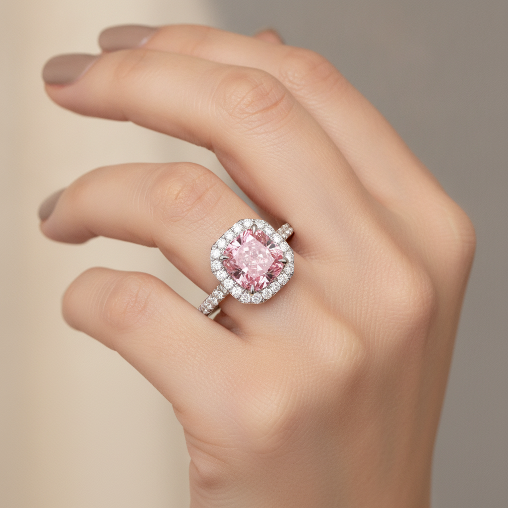 Ring mit rosa Diamant 3,25 Karat im Labor gezüchtet Kissenschliff Halo Pavé 14 Karat Weißgold