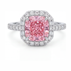 Ring mit rosa Diamant 3,25 Karat im Labor gezüchtet Kissenschliff Halo Pavé 14 Karat Weißgold