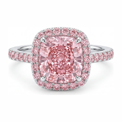 Rosa Verlobungsring 3,25 Karat im Labor gezüchteter Diamant im Kissenschliff Halo Pavé 14 Karat Weißgold