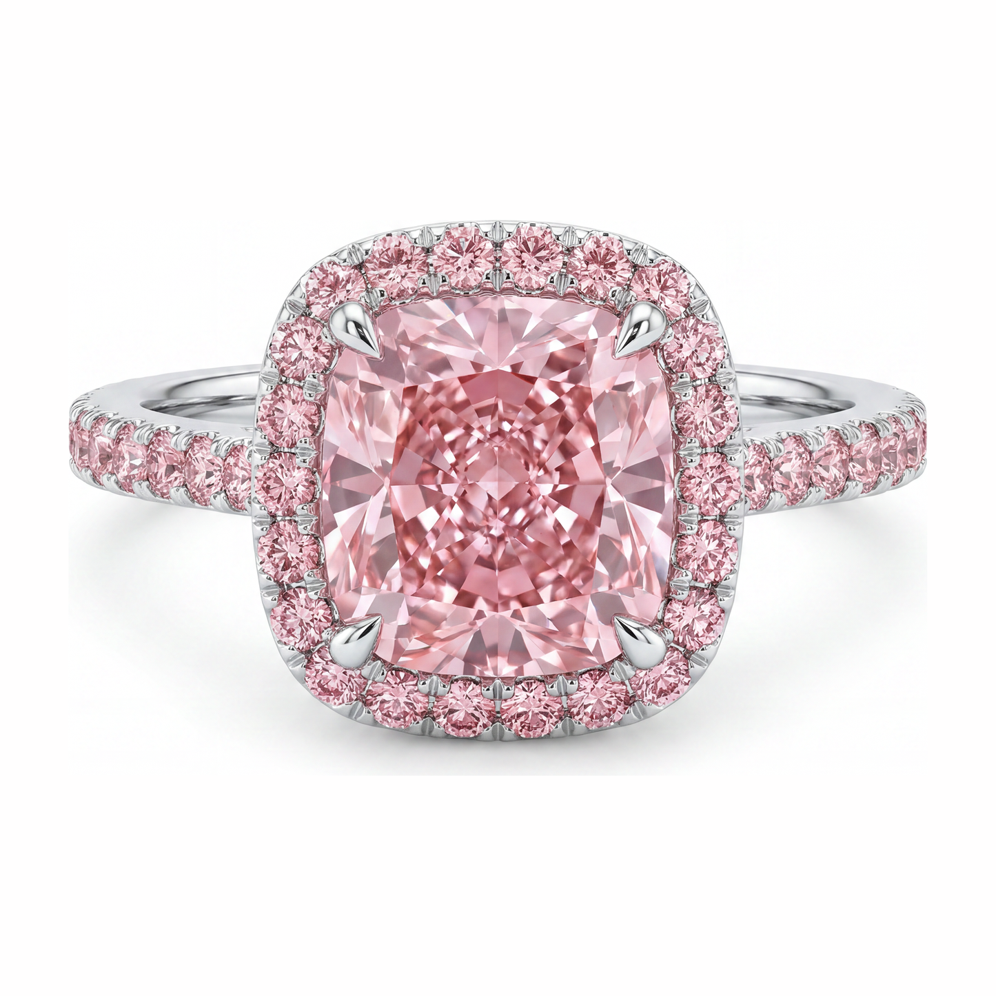 Rosa Verlobungsring 3,25 Karat im Labor gezüchteter Diamant im Kissenschliff Halo Pavé 14 Karat Weißgold