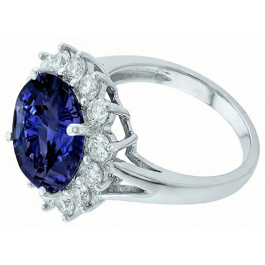 3.26 Karat Tansanit und runde Aus der Erde Abgebauter Natürlicher Diamanten Ring Weißgold 14K