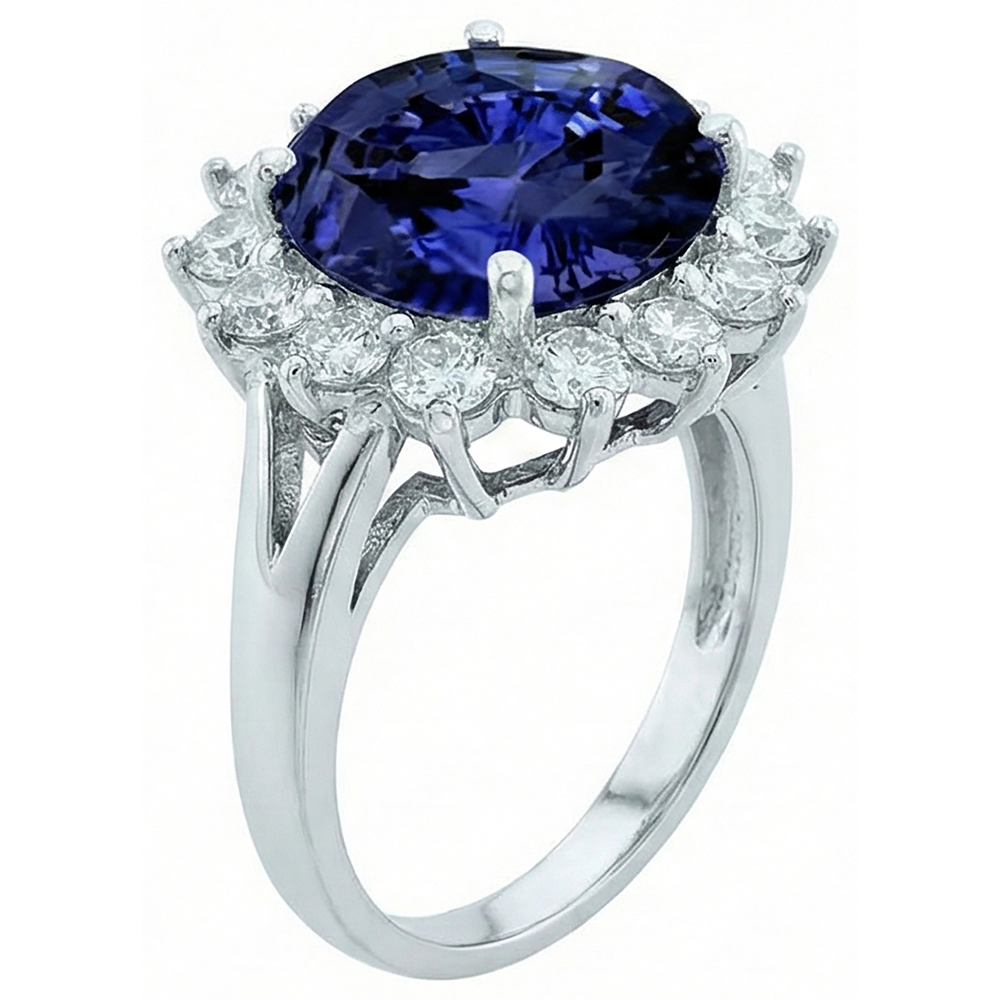 3.26 Karat Tansanit und runde Aus der Erde Abgebauter Natürlicher Diamanten Ring Weißgold 14K