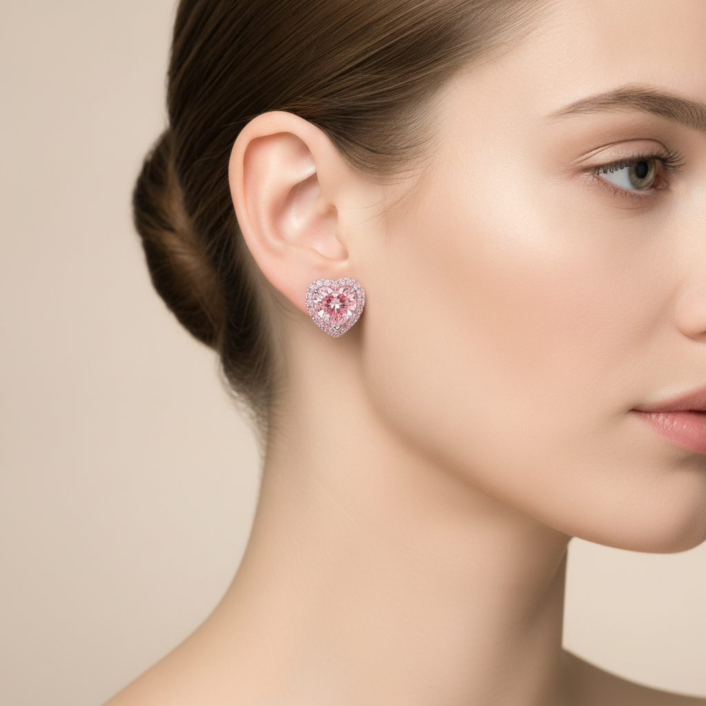 Rosa Diamant-Ohrringe 3,5 Karat im Labor gezüchtet Herz-Halo 14 Karat Weißgold