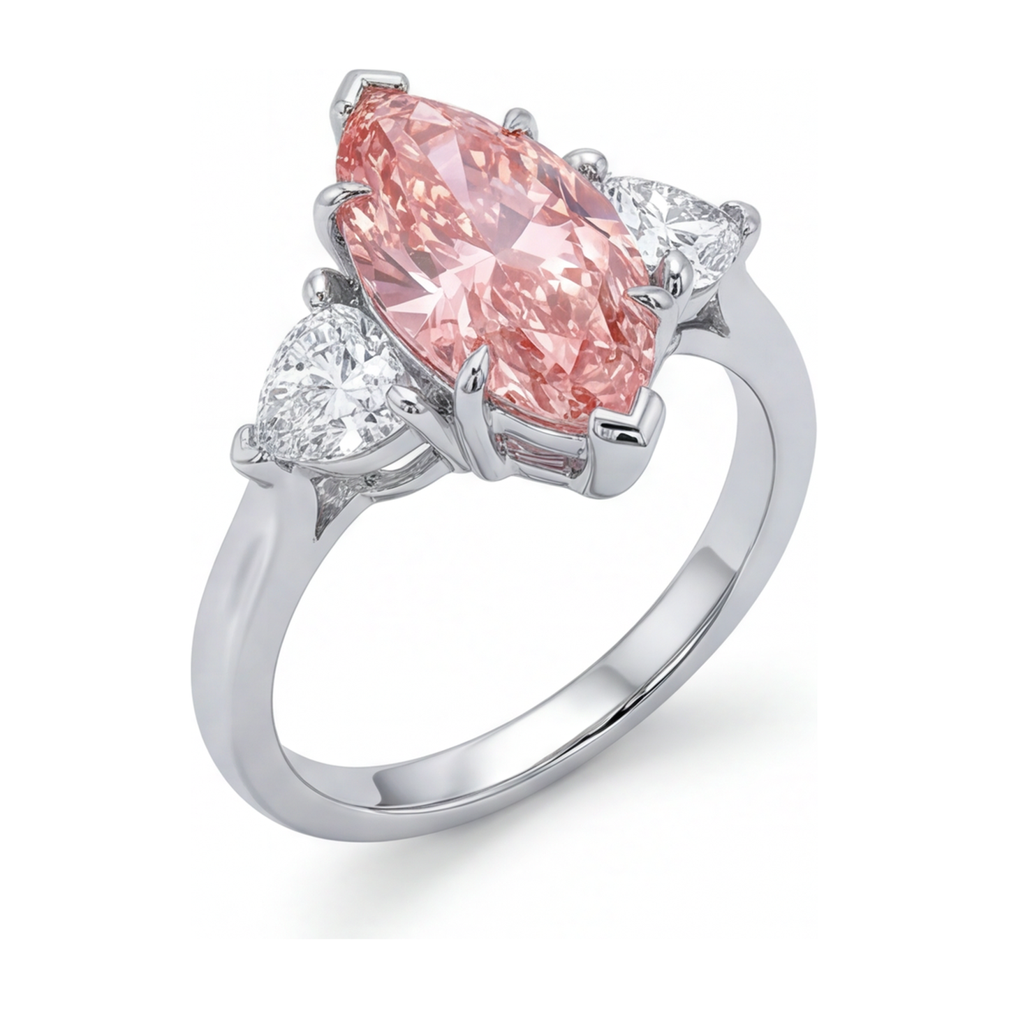Drei-Stein-Ring mit im Labor gezüchtetem rosa Diamanten im Marquise-Schliff, 3,5 Karat, 14 Karat Weißgold