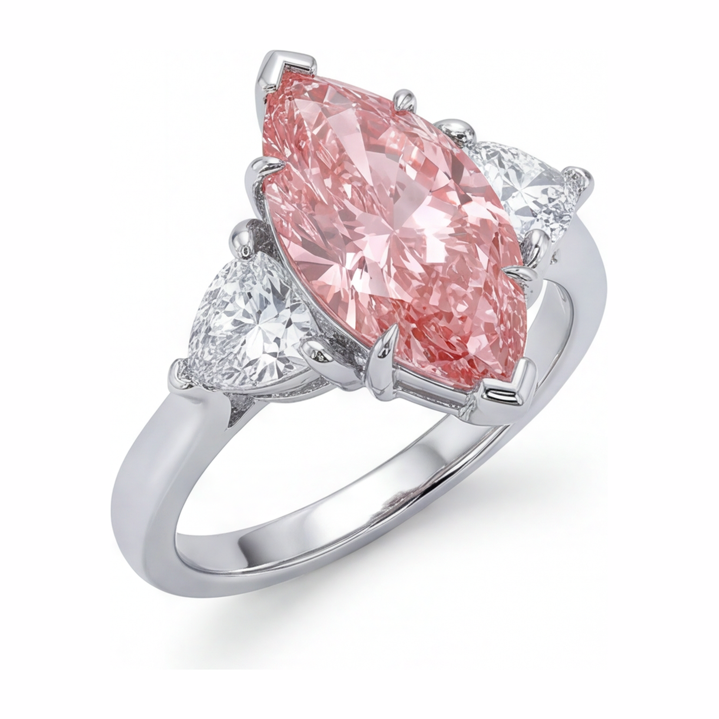 Drei-Stein-Ring mit im Labor gezüchtetem rosa Diamanten im Marquise-Schliff, 3,5 Karat, 14 Karat Weißgold