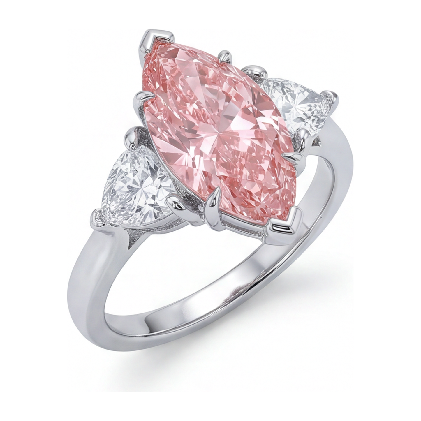 Drei-Stein-Ring mit im Labor gezüchtetem rosa Diamanten im Marquise-Schliff, 3,5 Karat, 14 Karat Weißgold