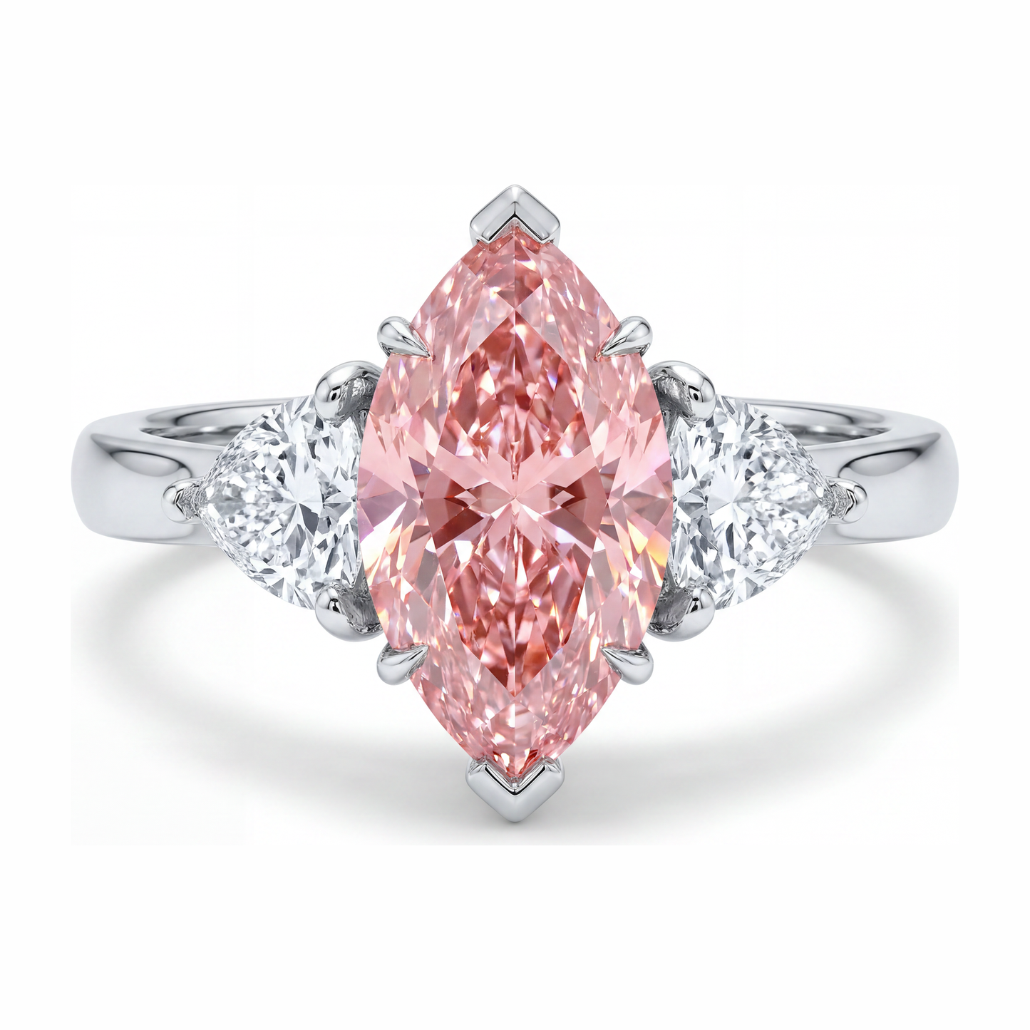 Drei-Stein-Ring mit im Labor gezüchtetem rosa Diamanten im Marquise-Schliff, 3,5 Karat, 14 Karat Weißgold