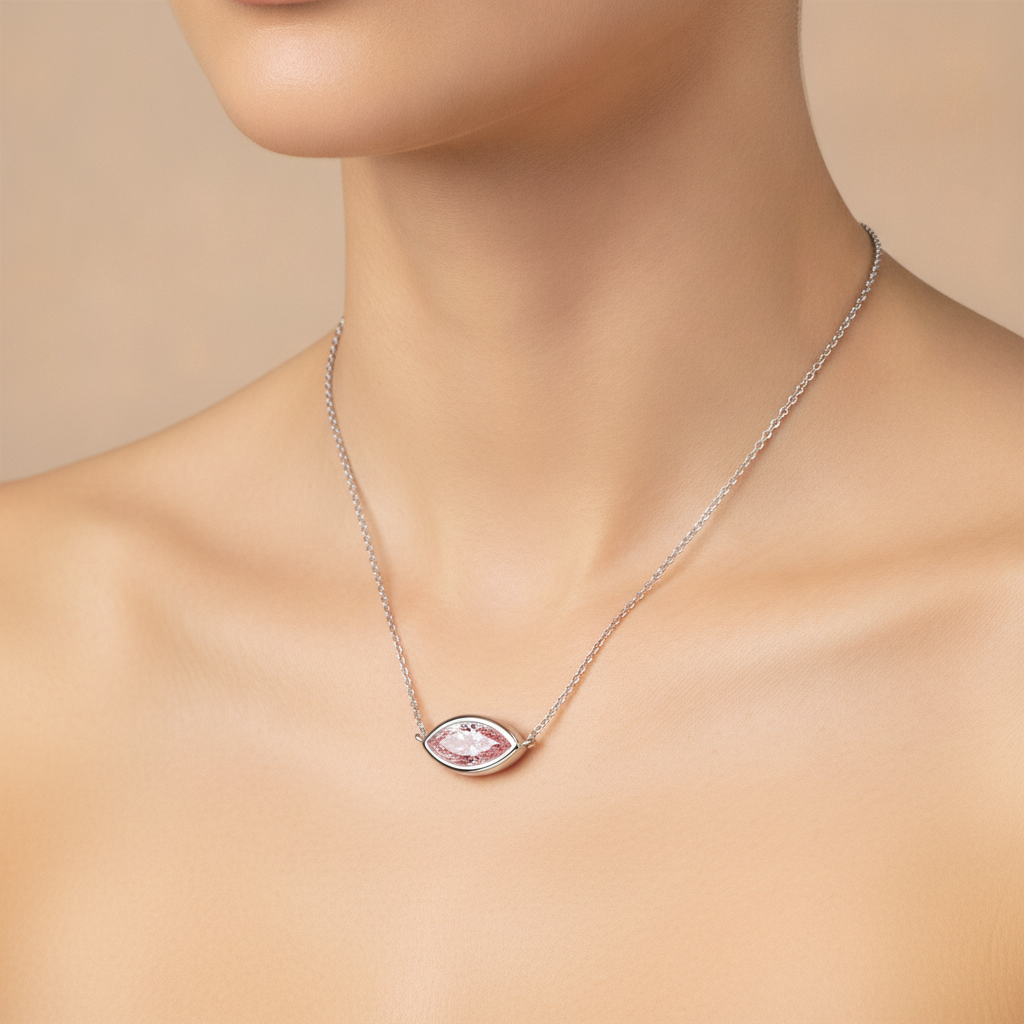 Halskette mit rosa Diamant, 3,5 Karat, im Labor gezüchtet, Marquise-Anhänger mit Lünette, 14 Karat Weißgold