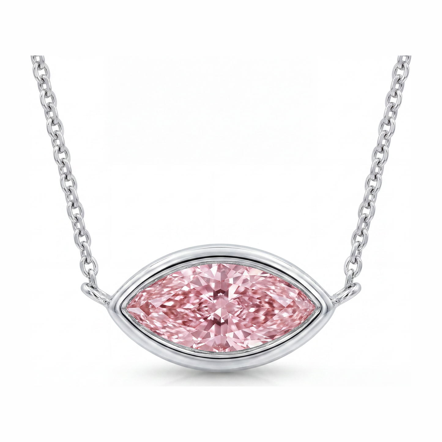 Halskette mit rosa Diamant, 3,5 Karat, im Labor gezüchtet, Marquise-Anhänger mit Lünette, 14 Karat Weißgold