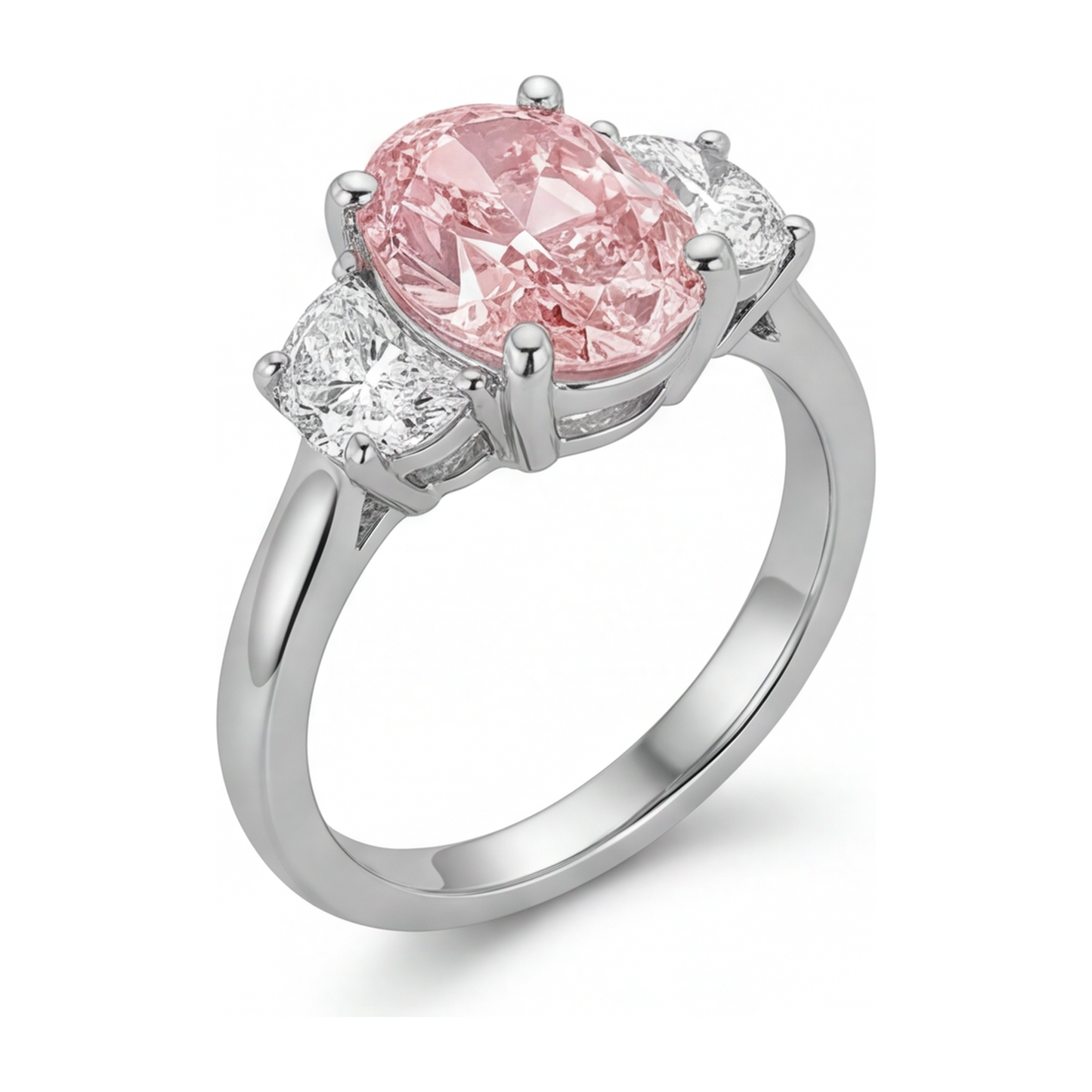 Im Labor gezüchteter rosa Diamant, 3,5 Karat, ovaler Dreistein-Ring, 14 Karat Weißgold