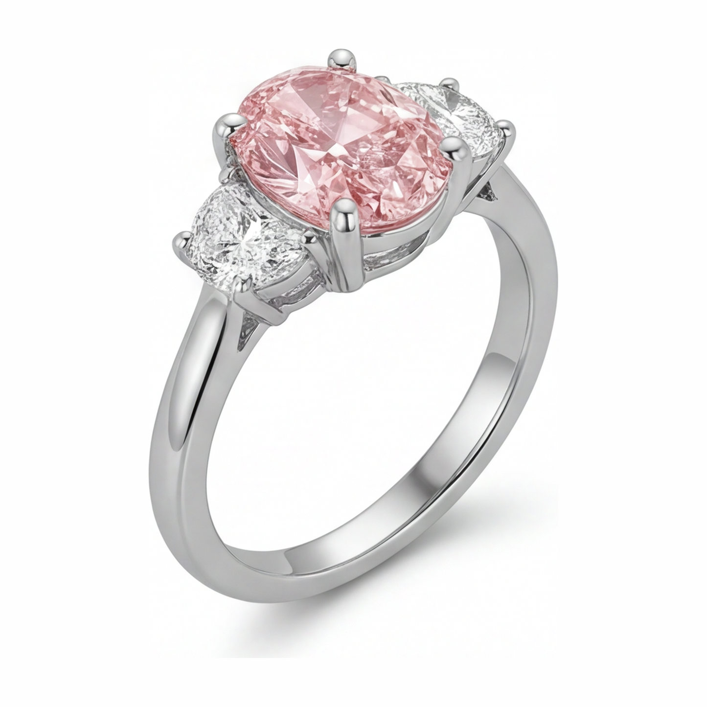 Im Labor gezüchteter rosa Diamant, 3,5 Karat, ovaler Dreistein-Ring, 14 Karat Weißgold