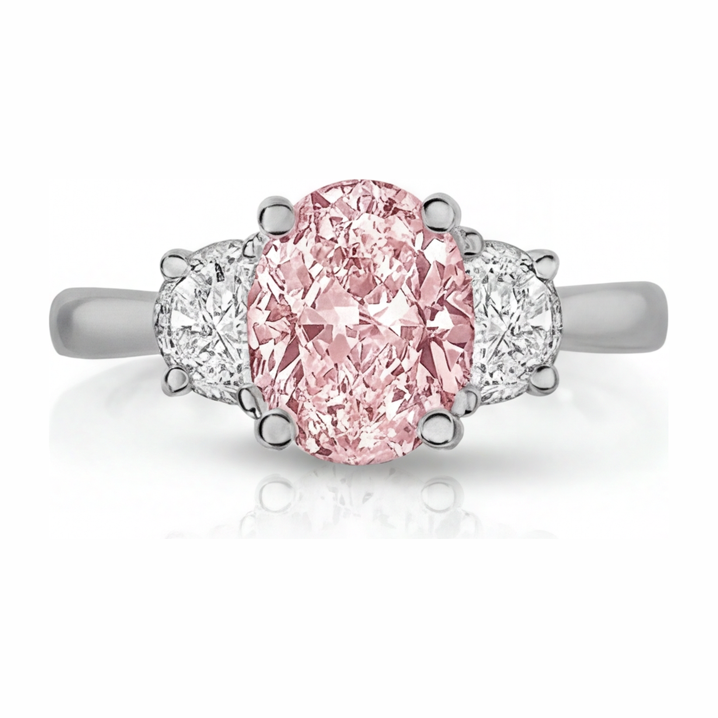 Im Labor gezüchteter rosa Diamant, 3,5 Karat, ovaler Dreistein-Ring, 14 Karat Weißgold