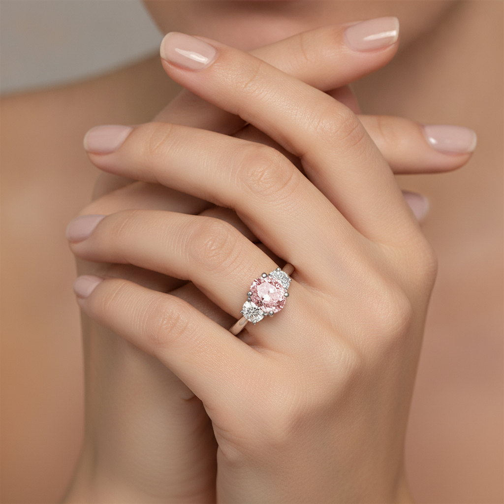 Im Labor gezüchteter rosa Diamant, 3,5 Karat, ovaler Dreistein-Ring, 14 Karat Weißgold
