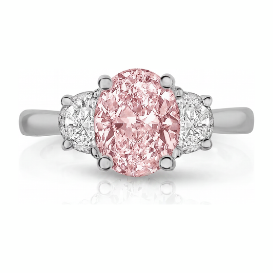Im Labor gezüchteter rosa Diamant, 3,5 Karat, ovaler Dreistein-Ring, 14 Karat Weißgold
