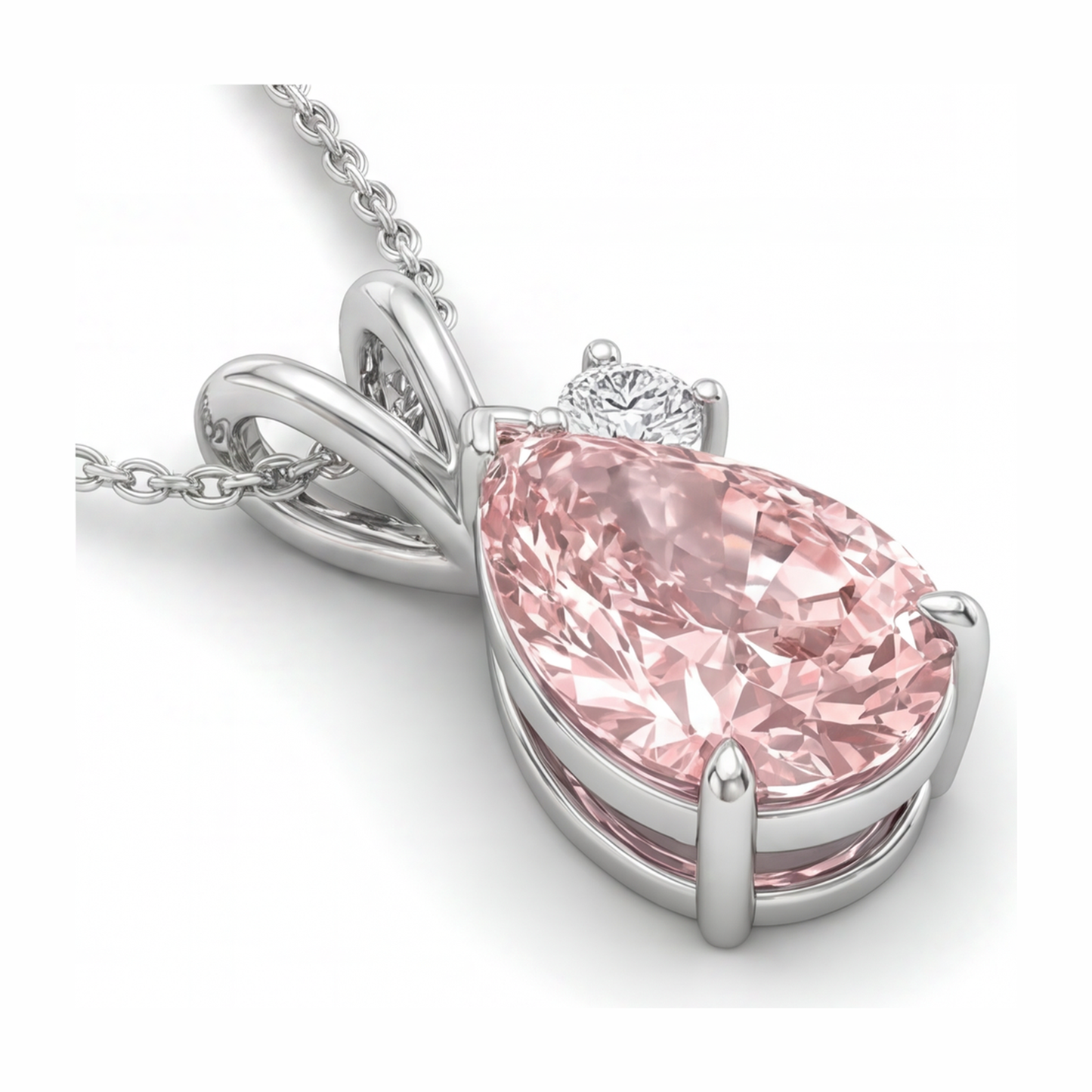 Halskette mit im Labor gezüchtetem rosa Diamanten, 3,5 Karat Tropfen-Bypass-Anhänger, 14 Karat Weißgold