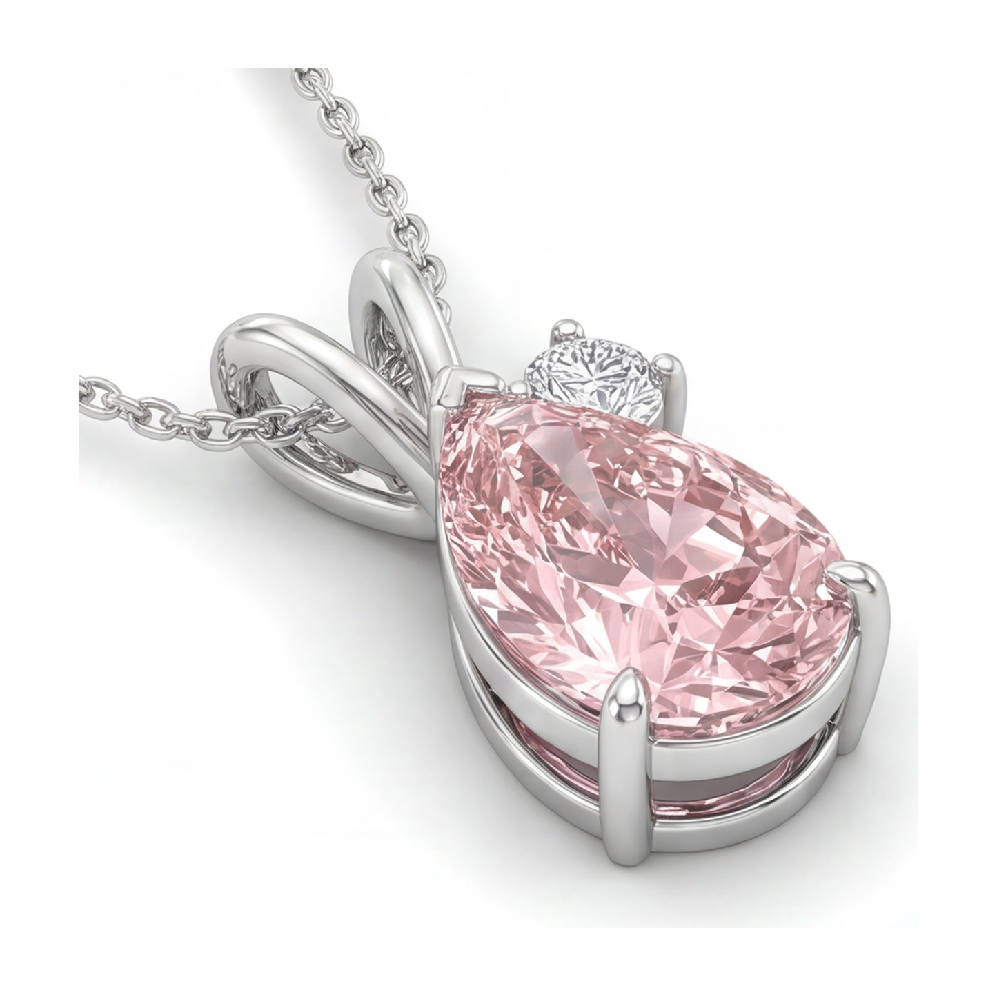 Halskette mit im Labor gezüchtetem rosa Diamanten, 3,5 Karat Tropfen-Bypass-Anhänger, 14 Karat Weißgold