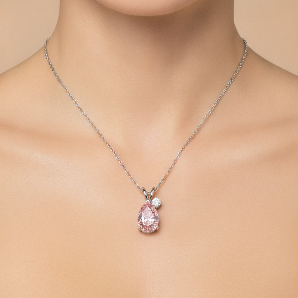 Halskette mit im Labor gezüchtetem rosa Diamanten, 3,5 Karat Tropfen-Bypass-Anhänger, 14 Karat Weißgold