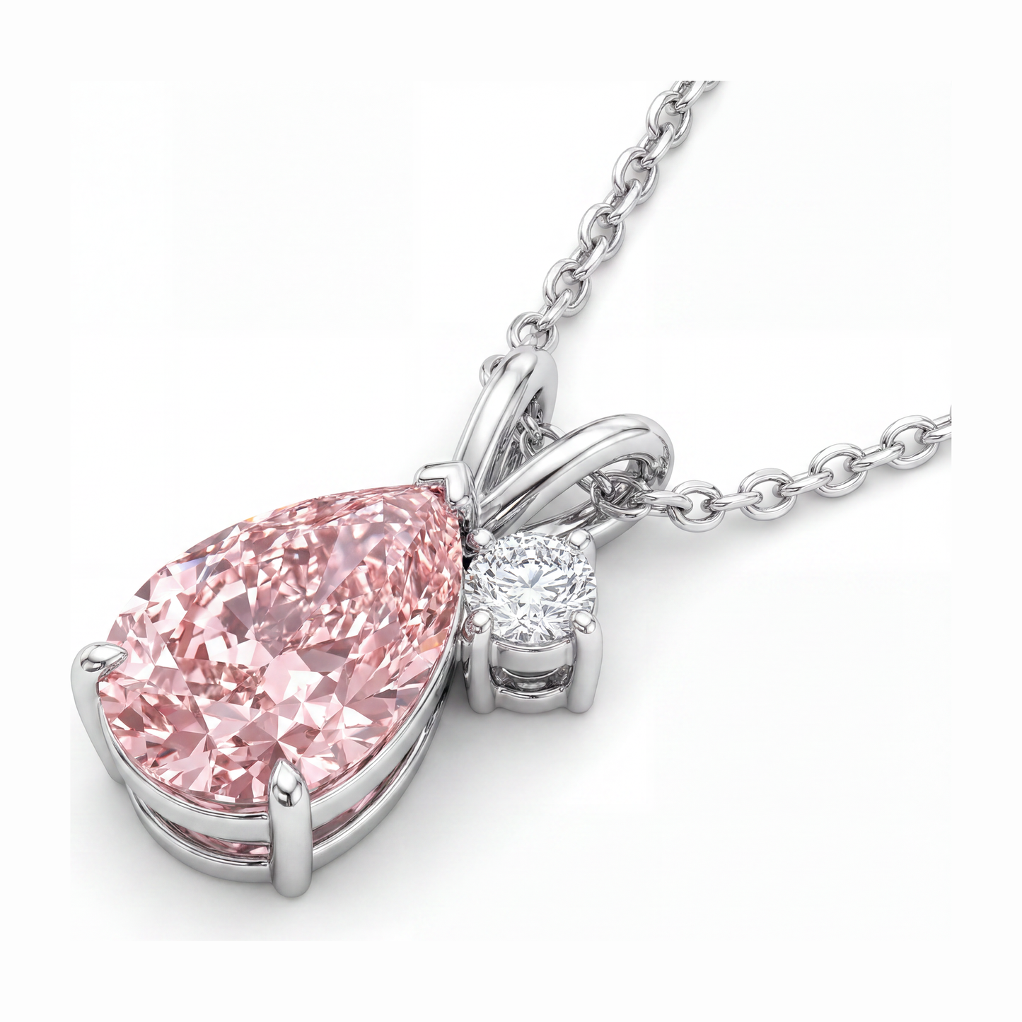 Halskette mit im Labor gezüchtetem rosa Diamanten, 3,5 Karat Tropfen-Bypass-Anhänger, 14 Karat Weißgold