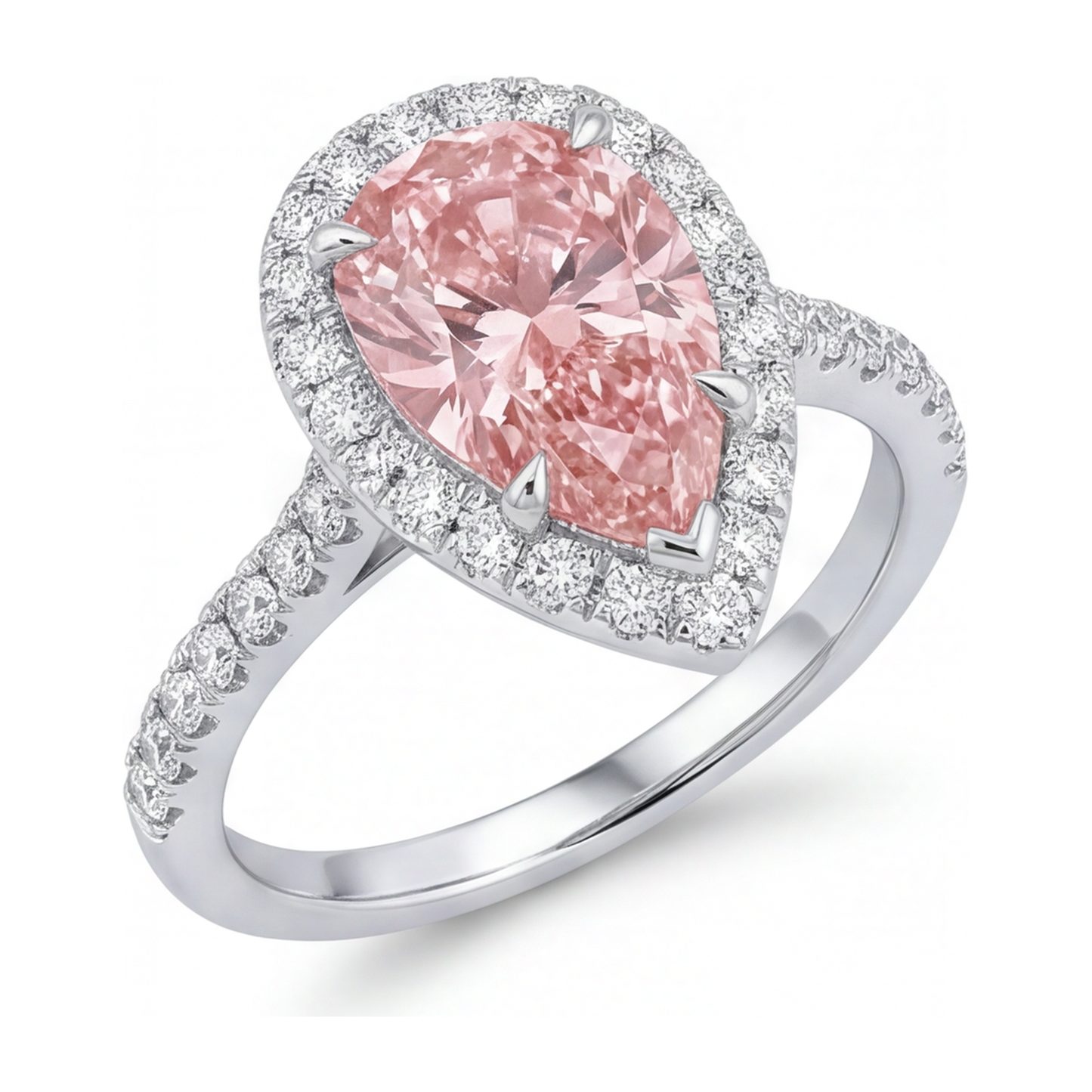 Verlobungsring mit rosa Diamant, 3,5 Karat, im Labor gezüchtet, Tropfenschliff, Halo, 14 Karat Weißgold