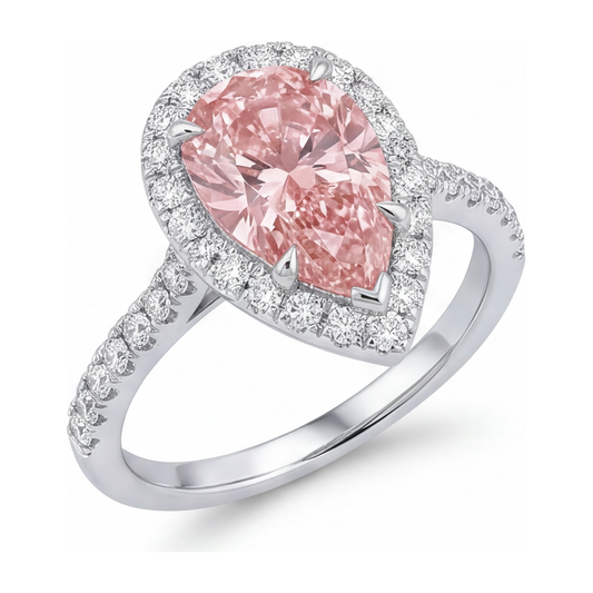 Verlobungsring mit rosa Diamant, 3,5 Karat, im Labor gezüchtet, Tropfenschliff, Halo, 14 Karat Weißgold