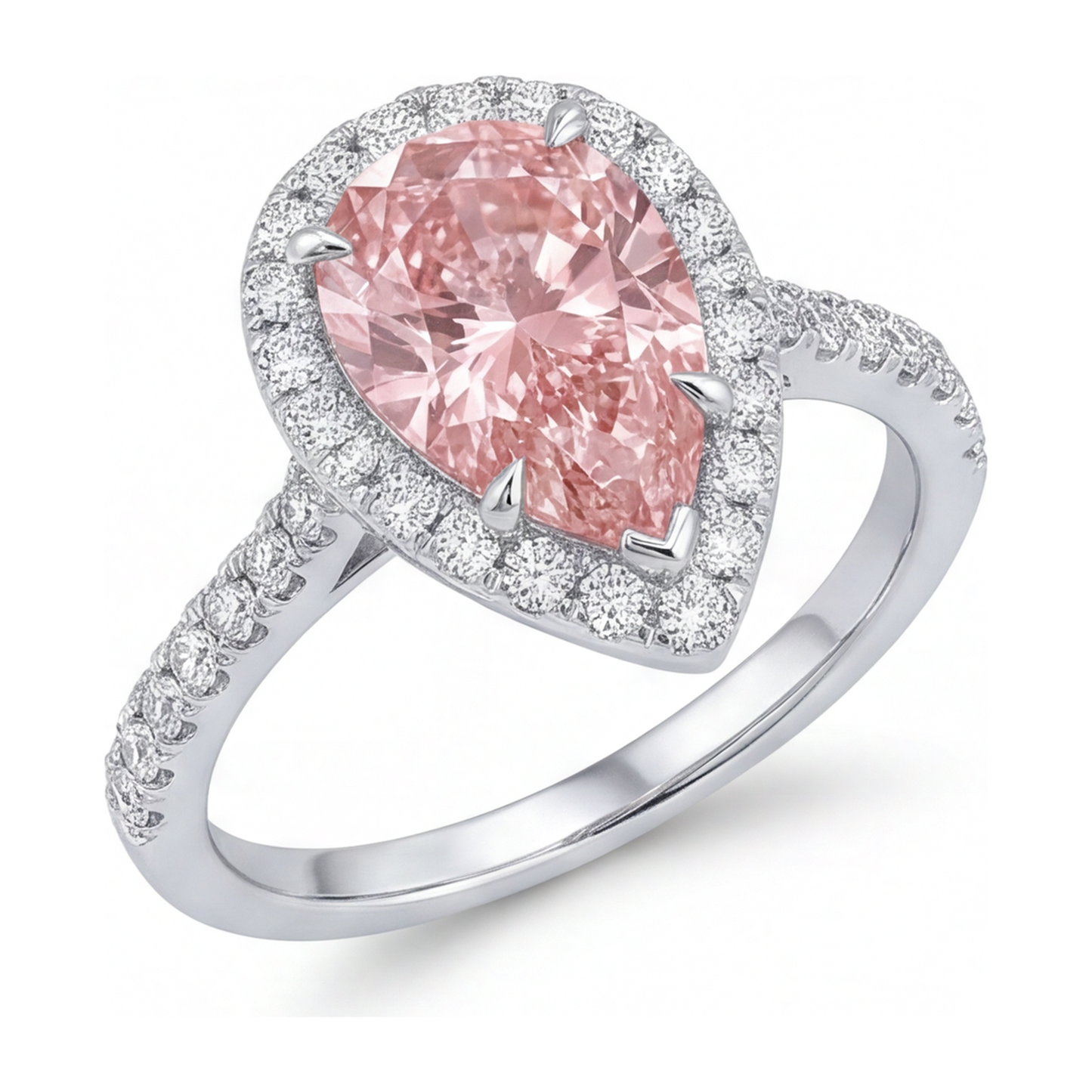 Verlobungsring mit rosa Diamant, 3,5 Karat, im Labor gezüchtet, Tropfenschliff, Halo, 14 Karat Weißgold