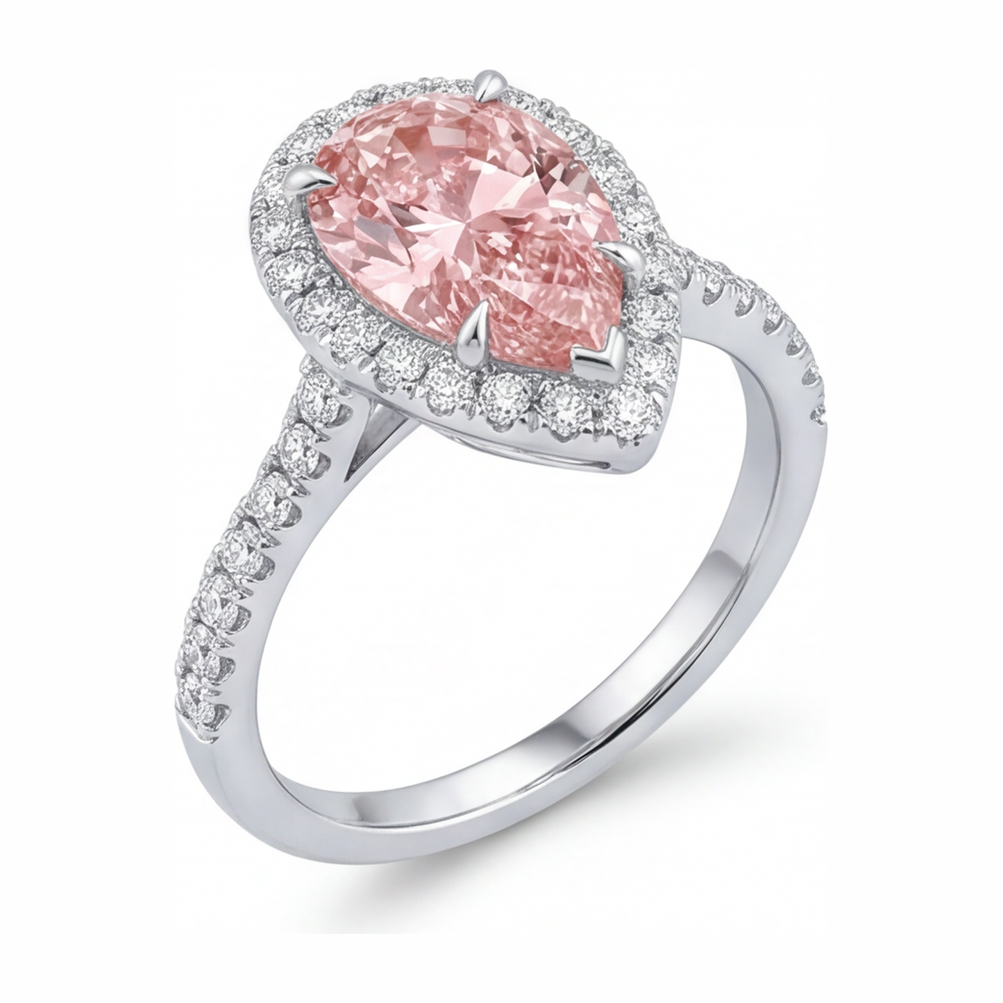Verlobungsring mit rosa Diamant, 3,5 Karat, im Labor gezüchtet, Tropfenschliff, Halo, 14 Karat Weißgold
