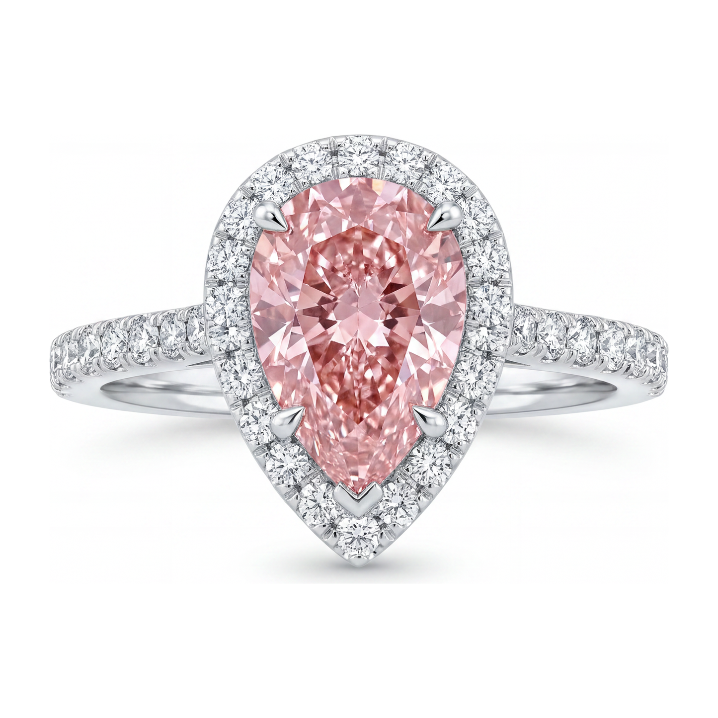Verlobungsring mit rosa Diamant, 3,5 Karat, im Labor gezüchtet, Tropfenschliff, Halo, 14 Karat Weißgold