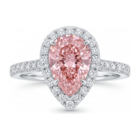 Verlobungsring mit rosa Diamant, 3,5 Karat, im Labor gezüchtet, Tropfenschliff, Halo, 14 Karat Weißgold