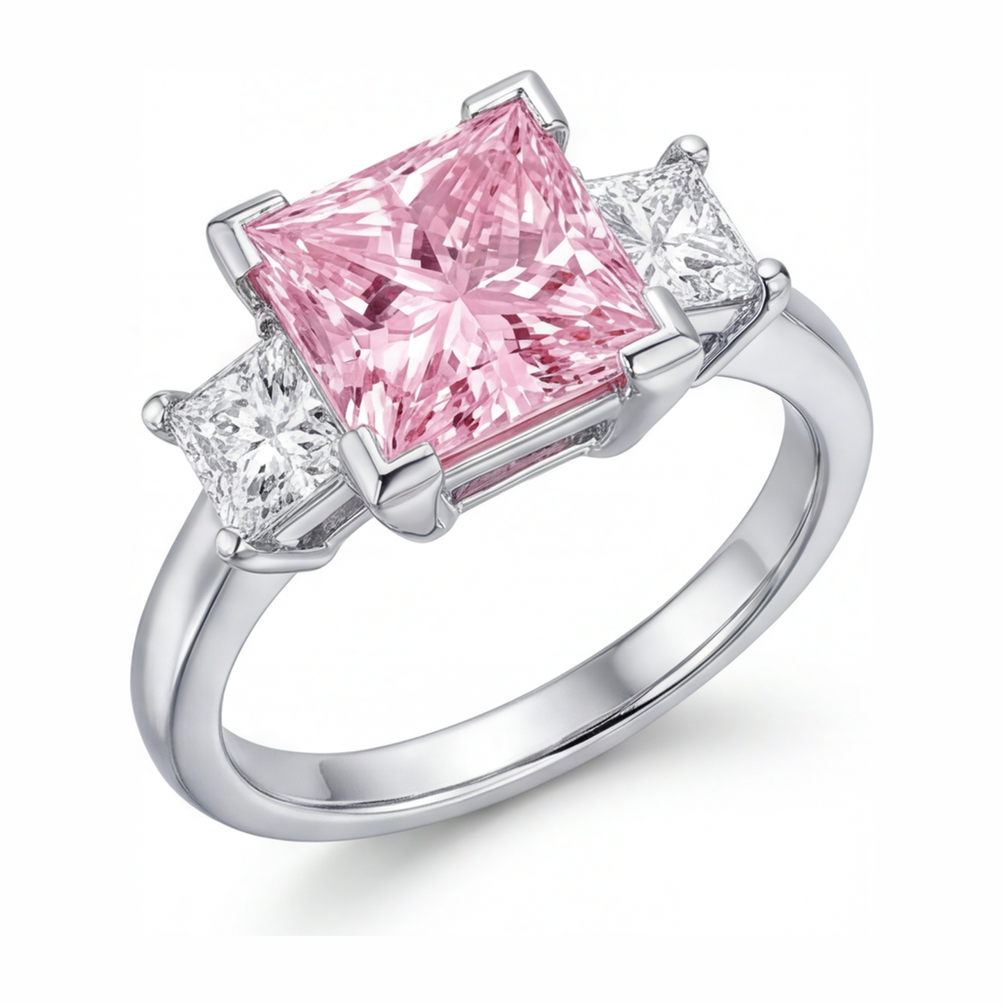 Rosa Diamantring 3,5 Karat im Labor gezüchtet Princess-Schliff Drei-Stein 14 Karat Weißgold