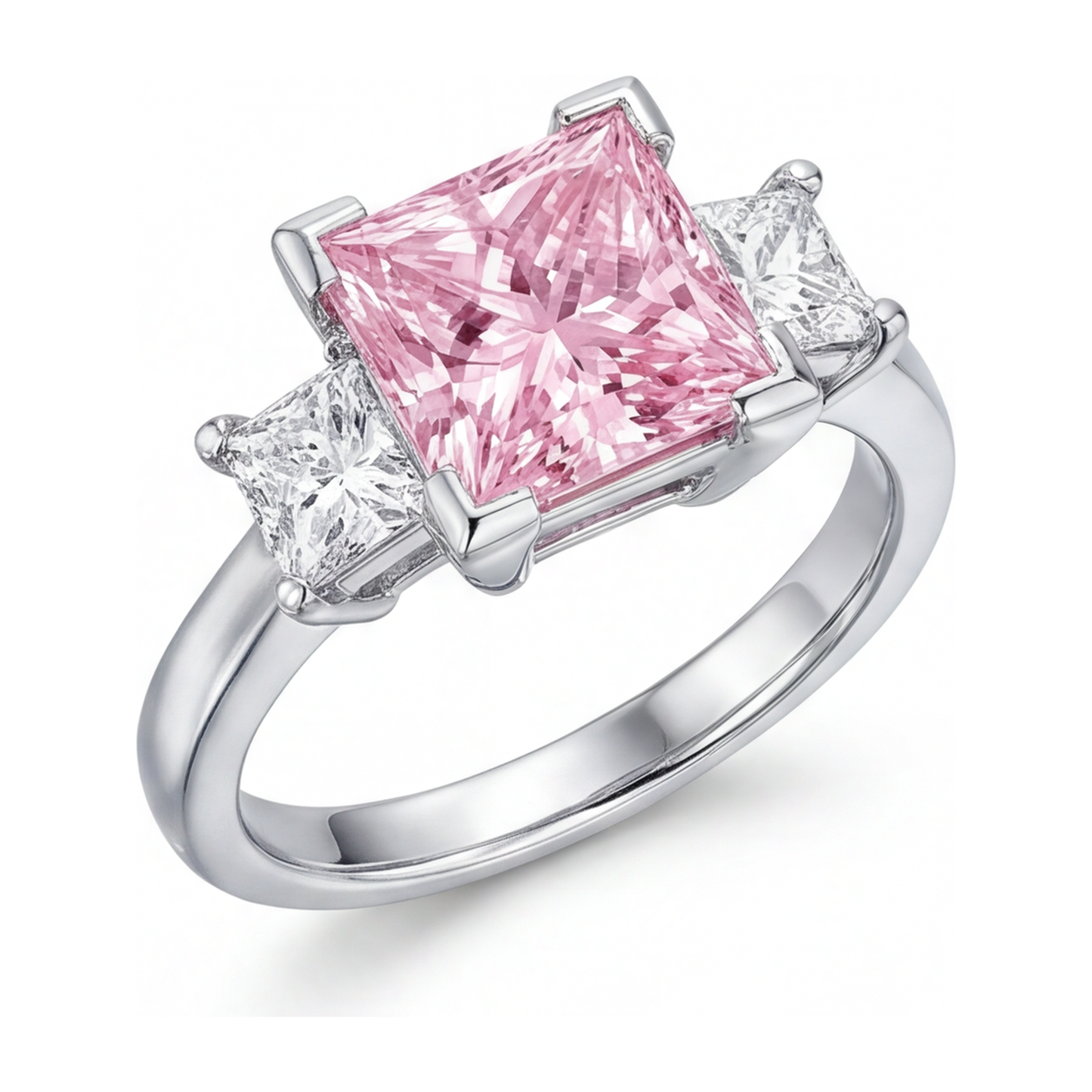 Rosa Diamantring 3,5 Karat im Labor gezüchtet Princess-Schliff Drei-Stein 14 Karat Weißgold
