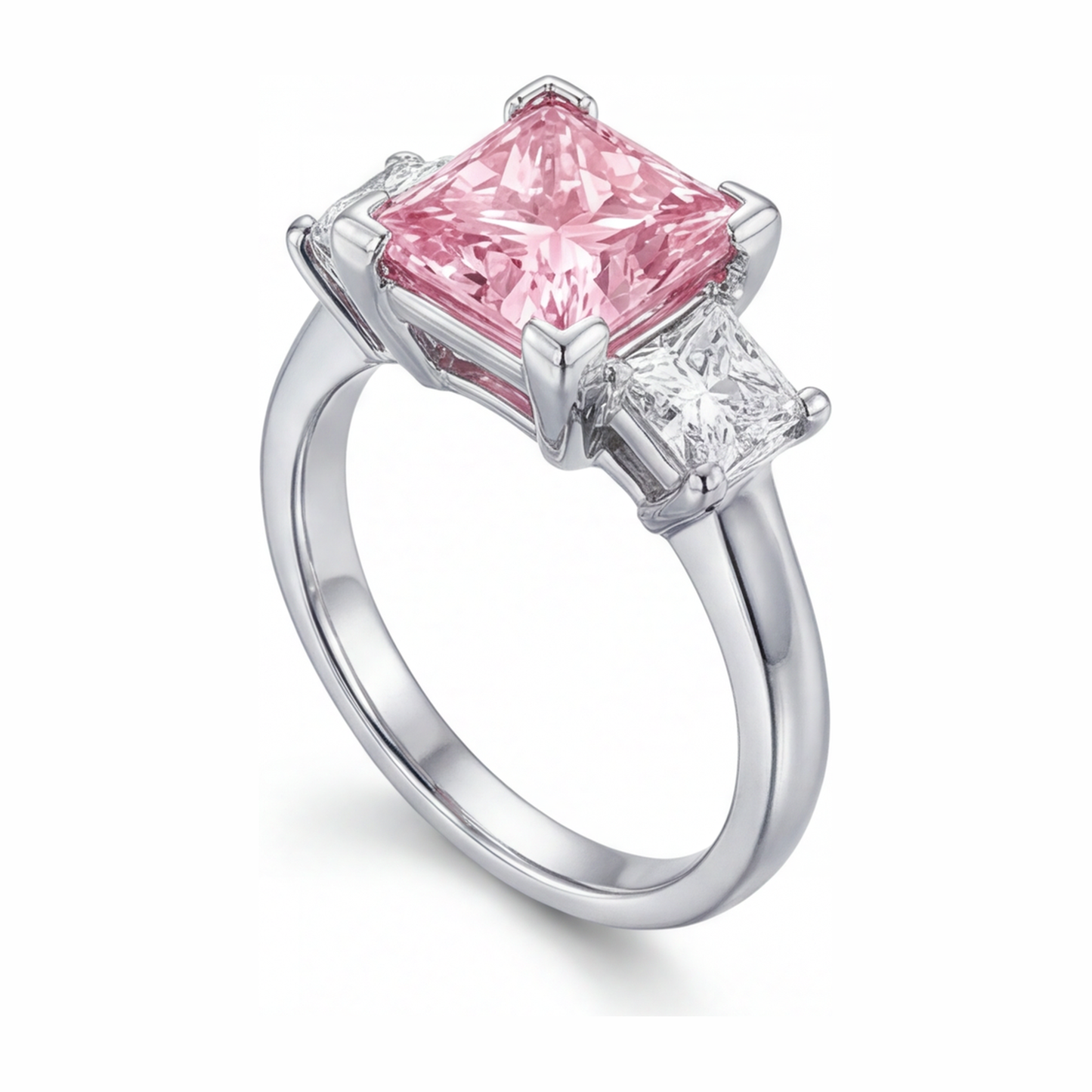 Rosa Diamantring 3,5 Karat im Labor gezüchtet Princess-Schliff Drei-Stein 14 Karat Weißgold