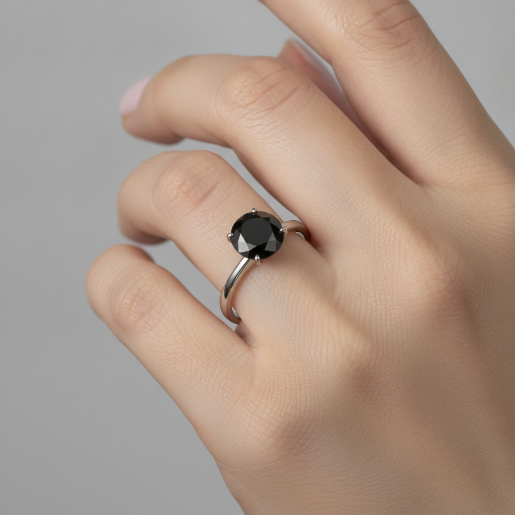 Verlobungsring mit schwarzem Diamant 3,5 Karat Echter Runder Solitär Schlicht 14 Karat Weißgold
