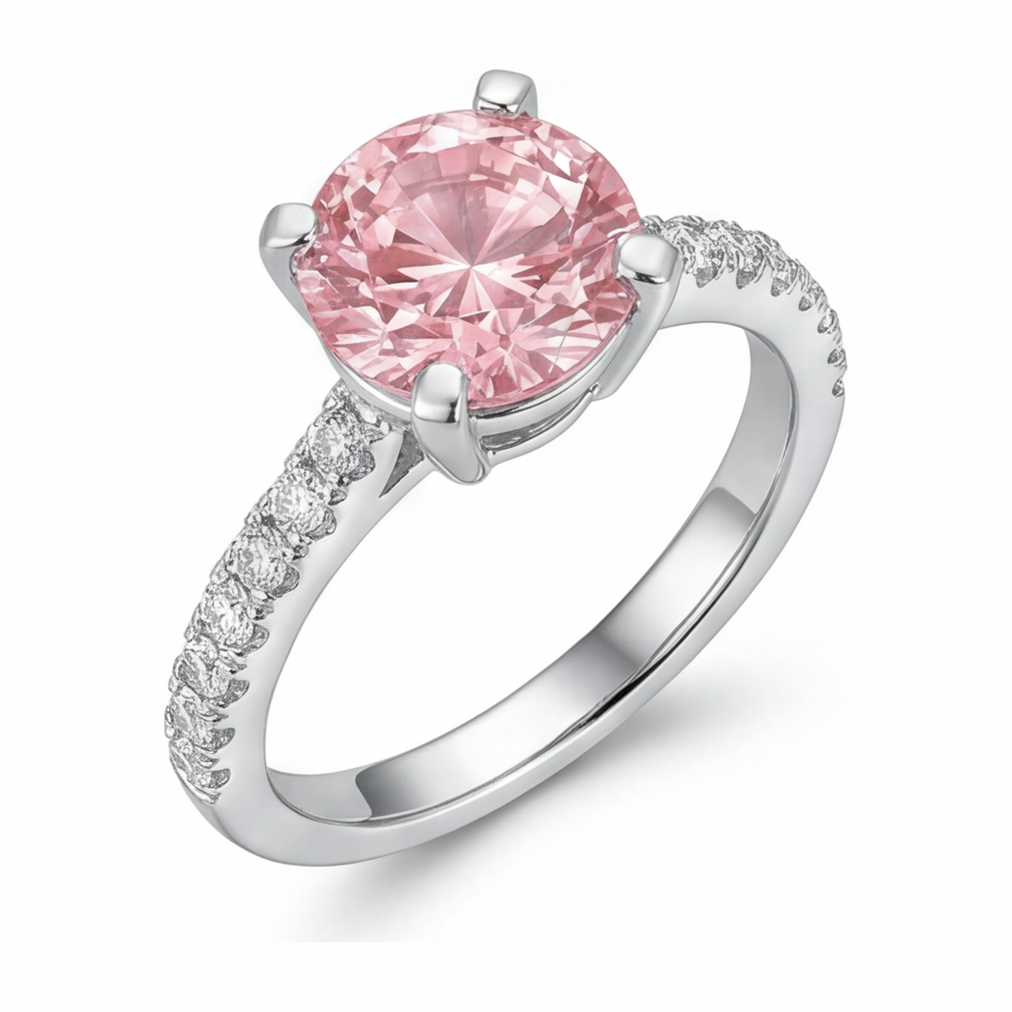 Verlobungsring mit rosa Diamant, 3,5 Karat, im Labor gezüchtet, rund, Pavé, Kathedralfassung, 14 Karat Weißgold