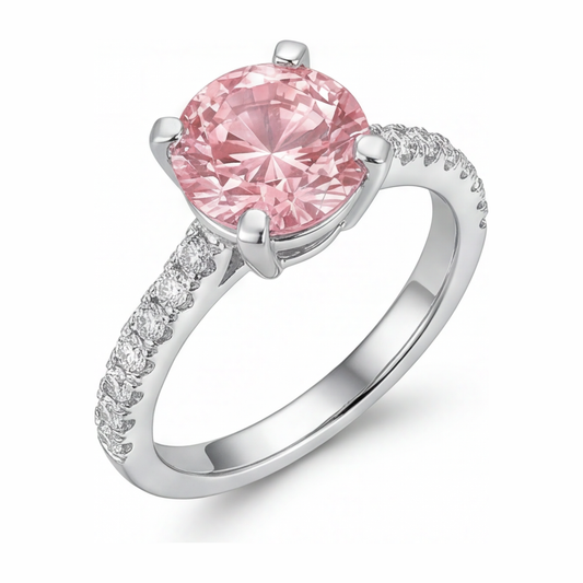 Verlobungsring mit rosa Diamant, 3,5 Karat, im Labor gezüchtet, rund, Pavé, Kathedralfassung, 14 Karat Weißgold