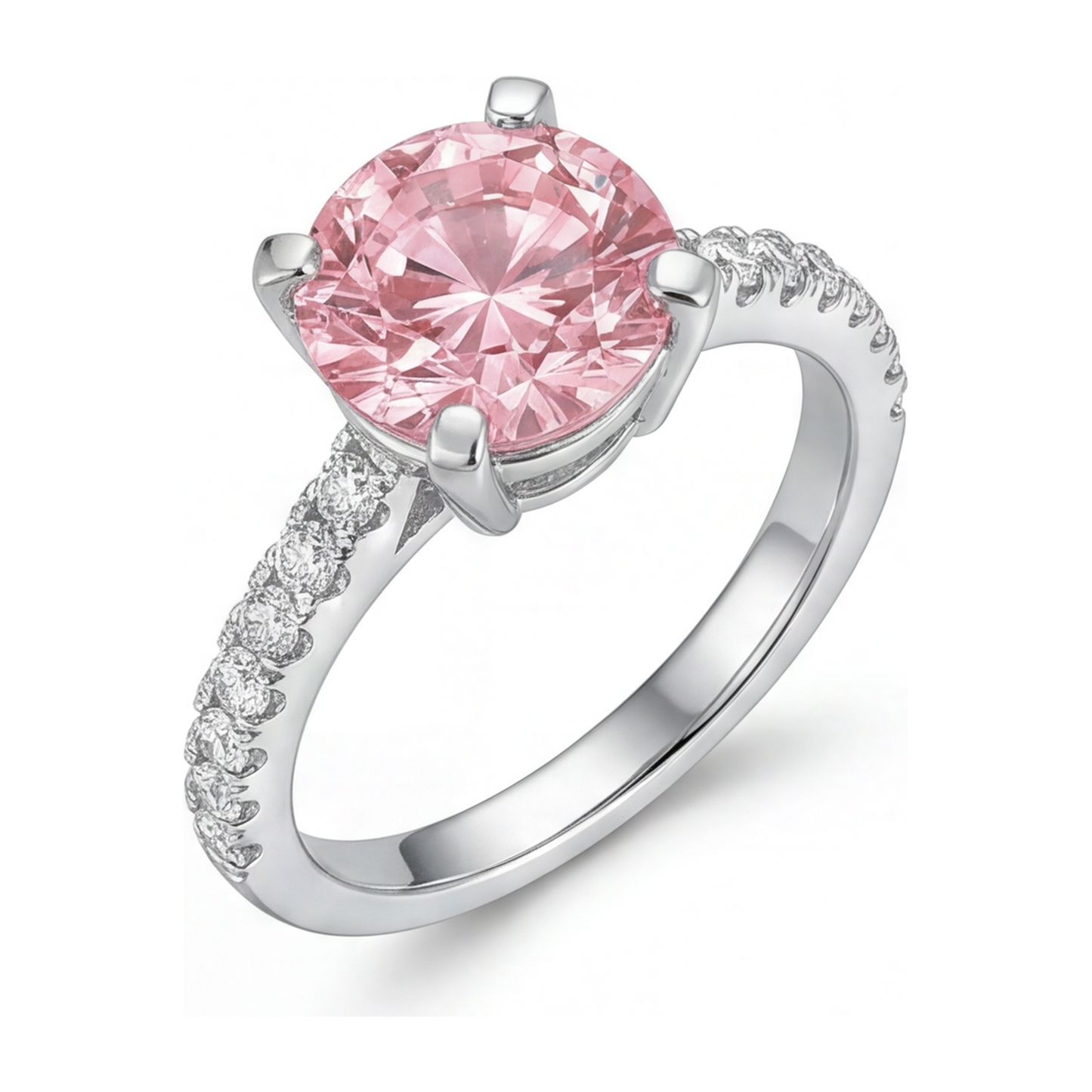 Verlobungsring mit rosa Diamant, 3,5 Karat, im Labor gezüchtet, rund, Pavé, Kathedralfassung, 14 Karat Weißgold