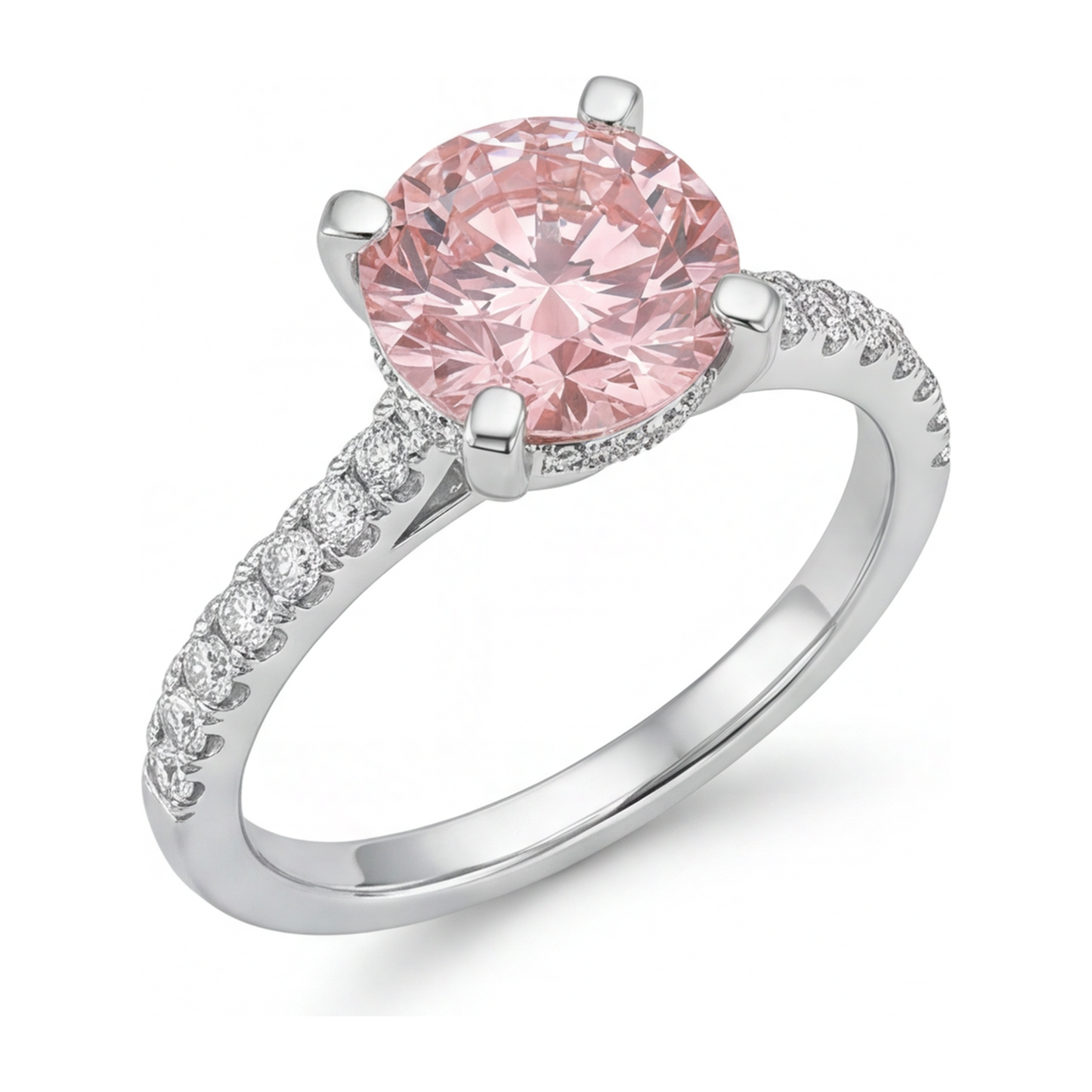 Rosa Diamantring, 3,5 Karat, im Labor gezüchtet, rund, Pavé, 14 Karat Weißgold