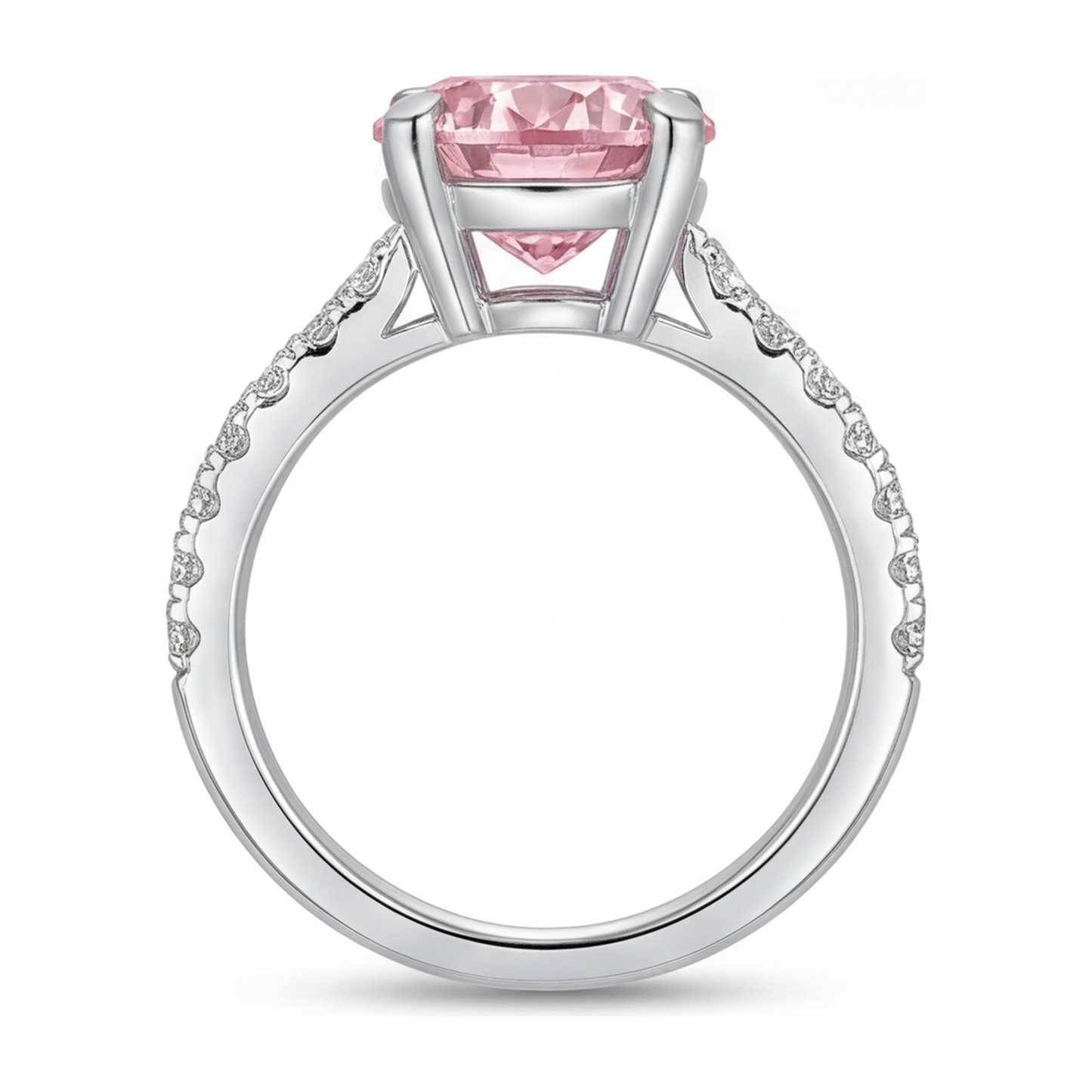 Verlobungsring mit rosa Diamant, 3,5 Karat, im Labor gezüchtet, rund, Pavé, Kathedralfassung, 14 Karat Weißgold