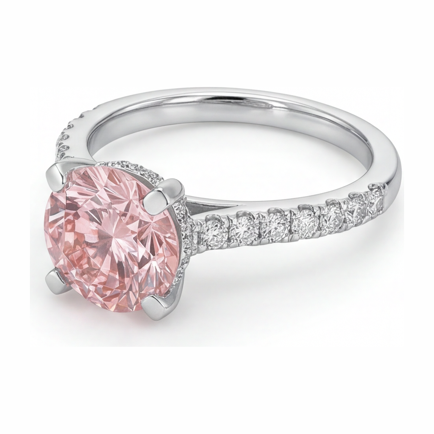 Rosa Diamantring, 3,5 Karat, im Labor gezüchtet, rund, Pavé, 14 Karat Weißgold