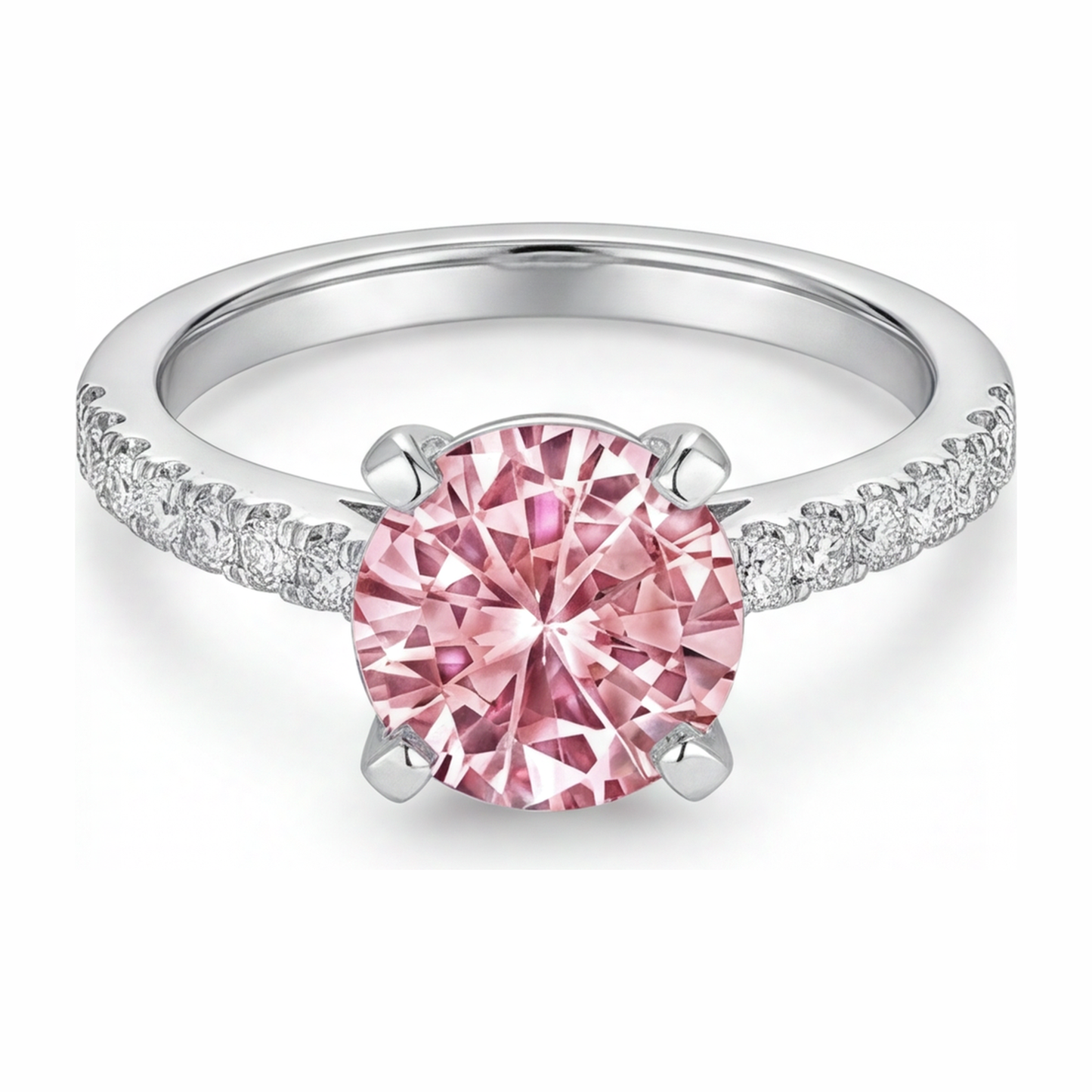 Verlobungsring mit rosa Diamant, 3,5 Karat, im Labor gezüchtet, rund, Pavé, Kathedralfassung, 14 Karat Weißgold