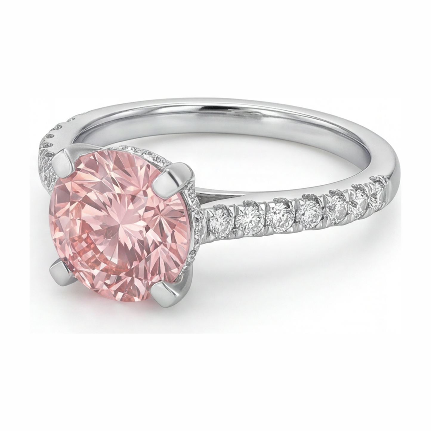 Rosa Diamantring, 3,5 Karat, im Labor gezüchtet, rund, Pavé, 14 Karat Weißgold
