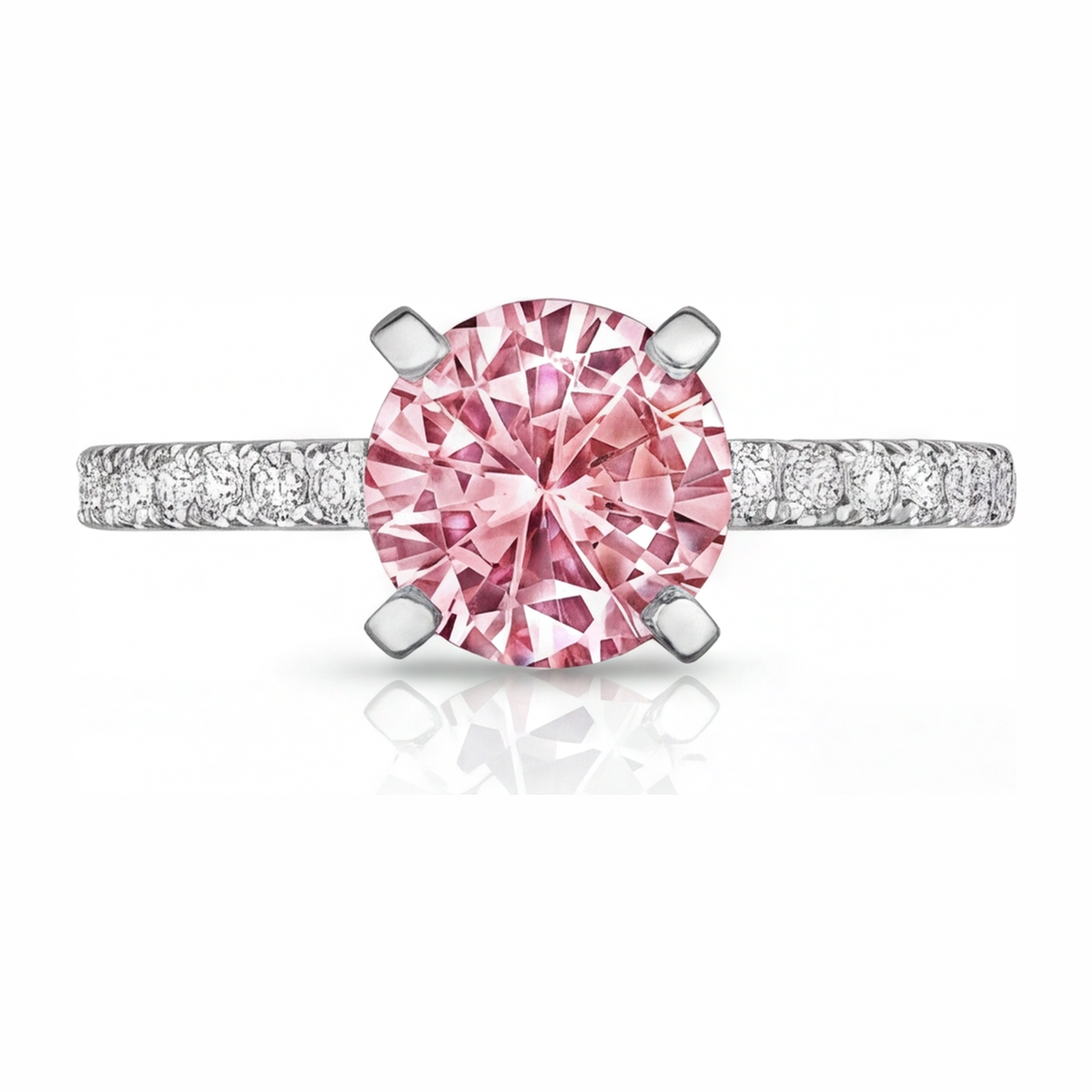 Verlobungsring mit rosa Diamant, 3,5 Karat, im Labor gezüchtet, rund, Pavé, Kathedralfassung, 14 Karat Weißgold