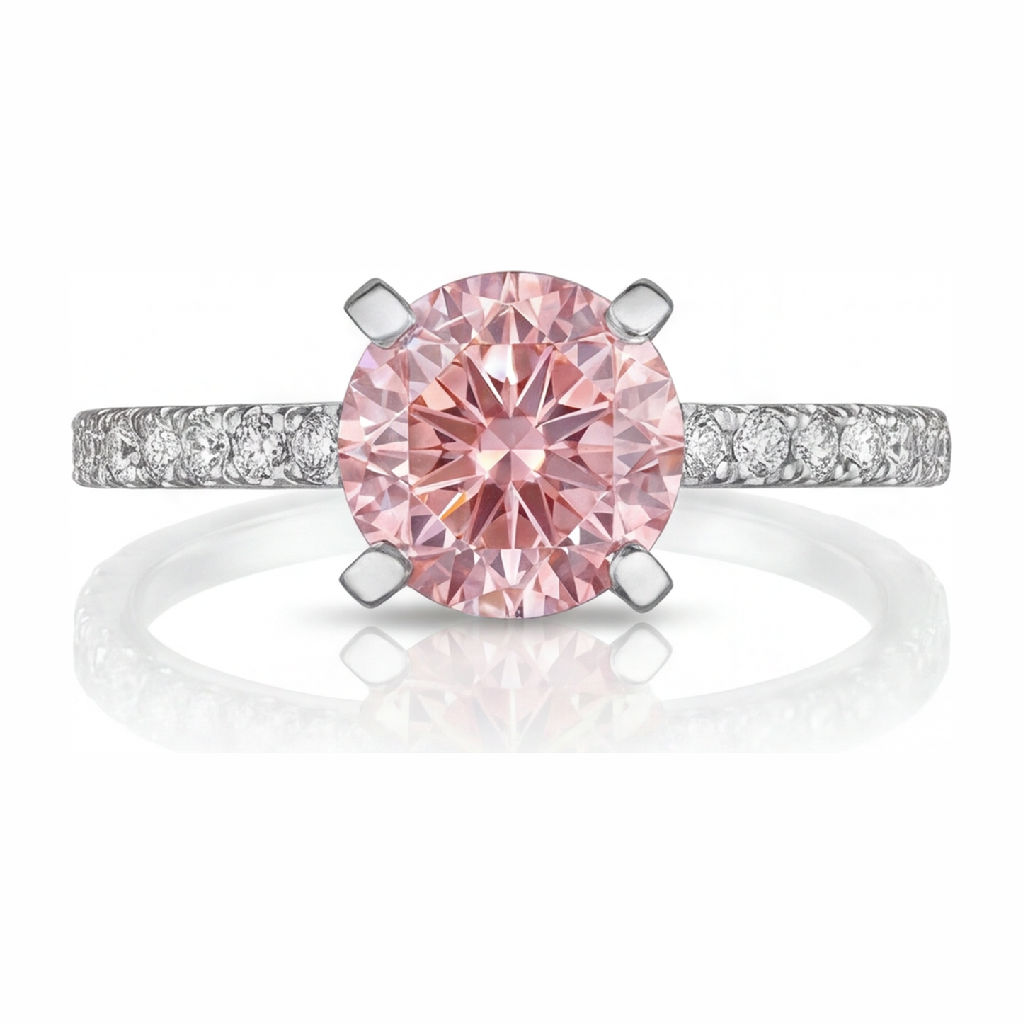 Rosa Diamantring, 3,5 Karat, im Labor gezüchtet, rund, Pavé, 14 Karat Weißgold